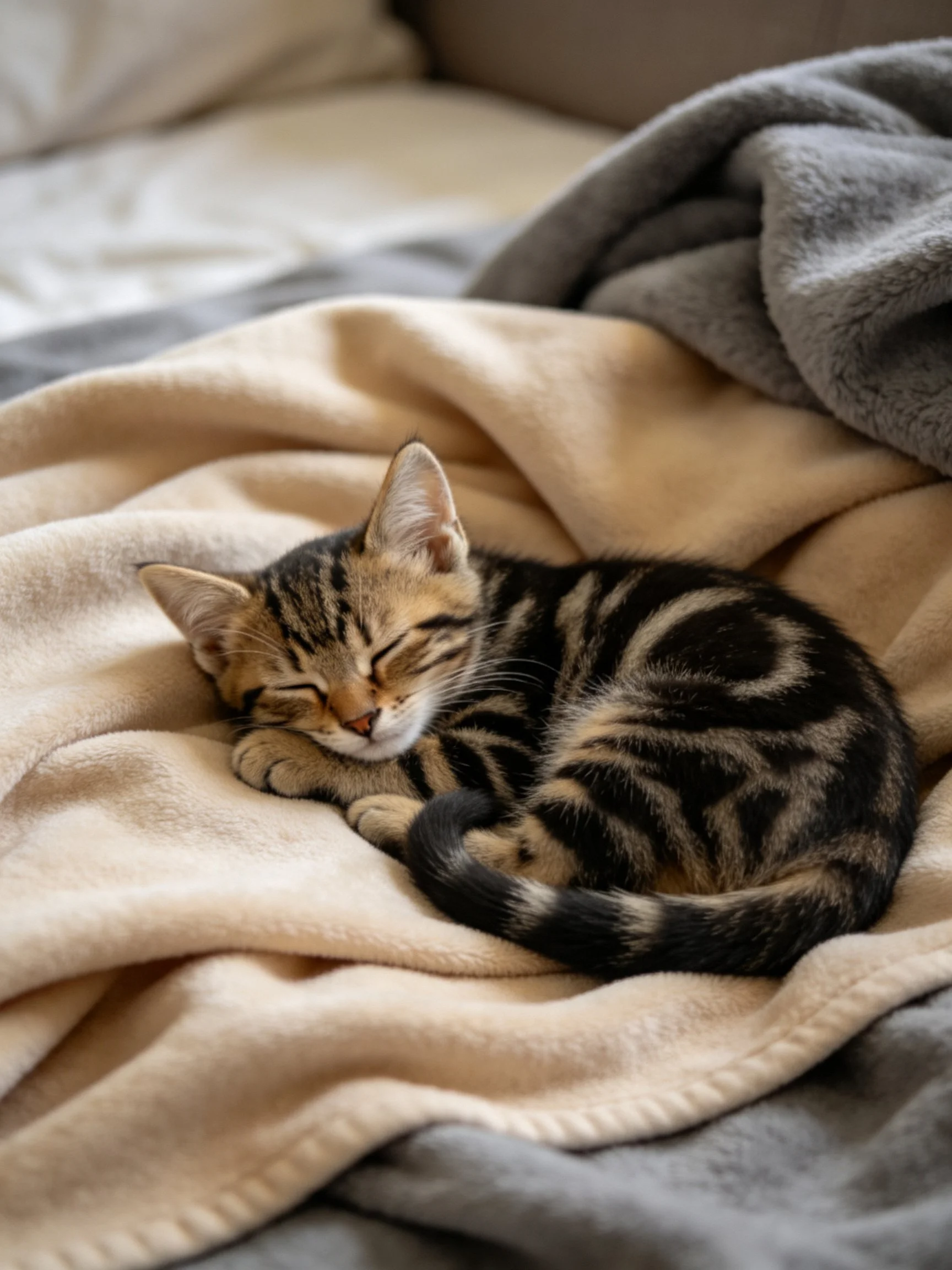 A small tabby kitten curls up on beige and gray blankets
