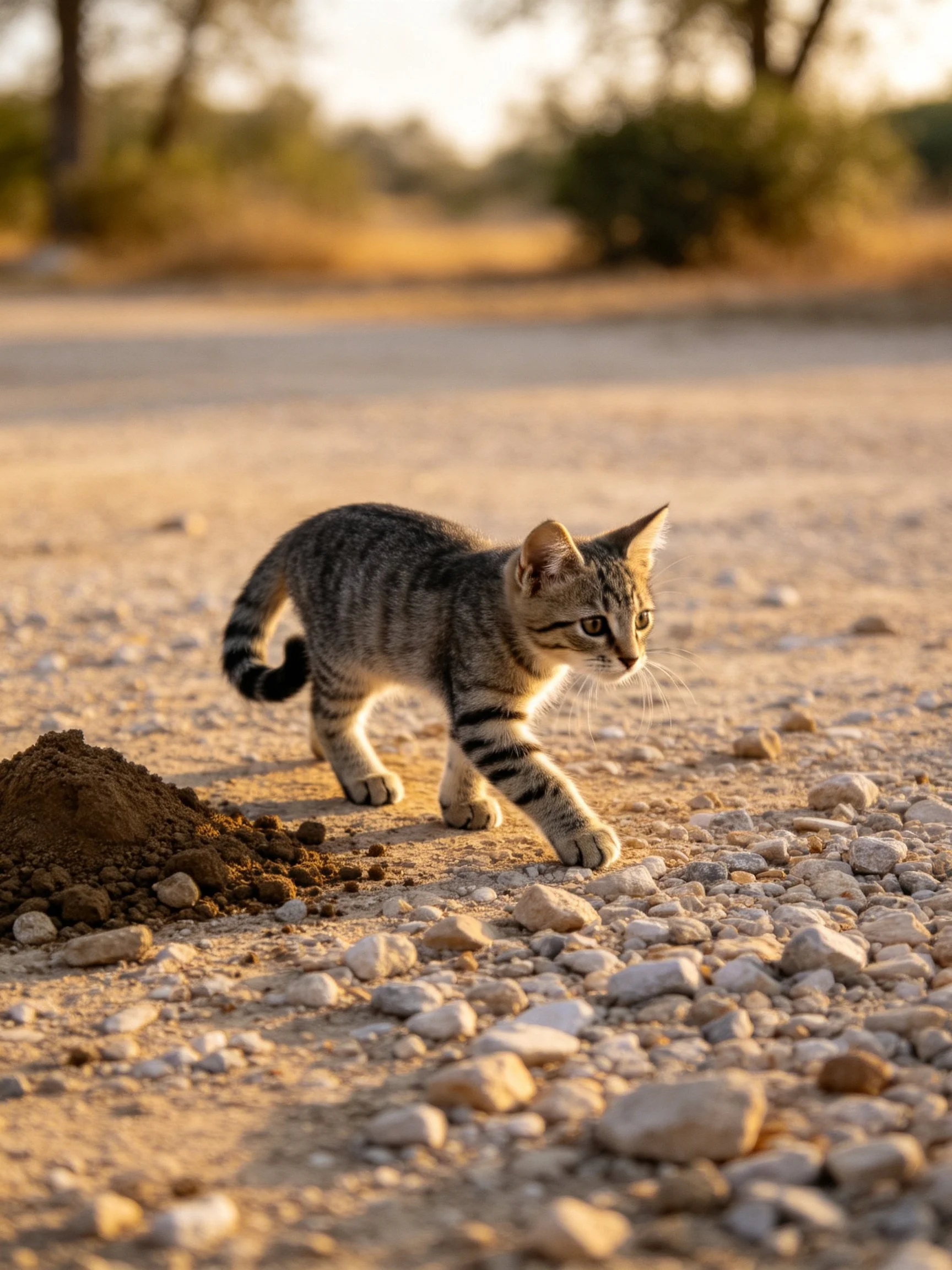 A small tabby kitten explores a gravel path near a dirt mound