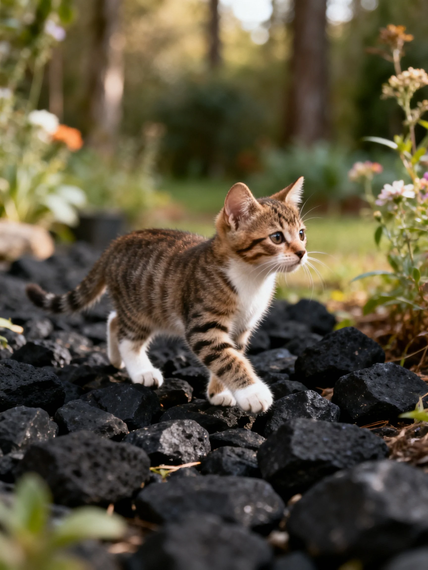 A small tabby kitten explores dark volcanic rocks near flowering plants