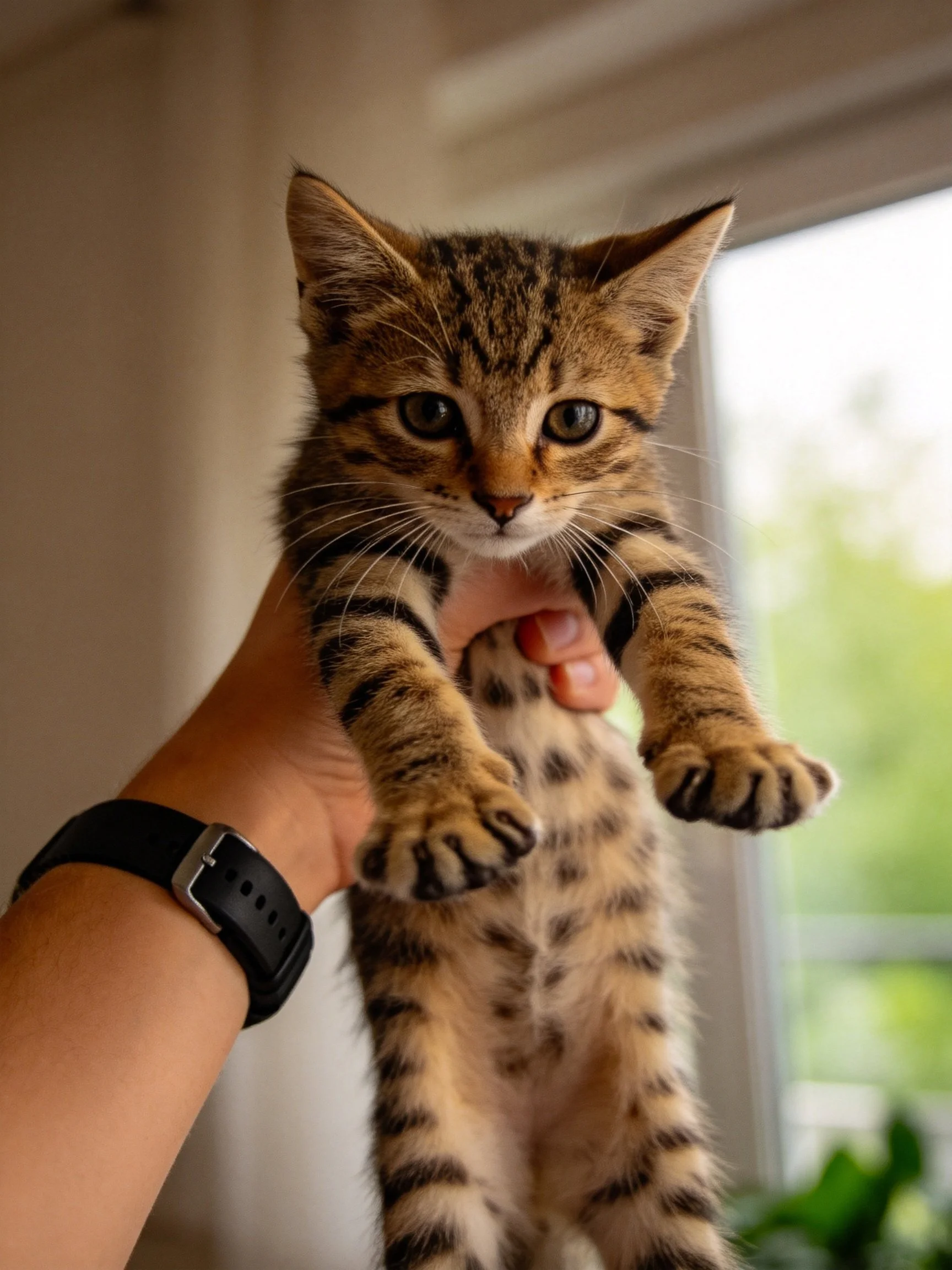 A small tabby kitten held by a hand near a bright window
