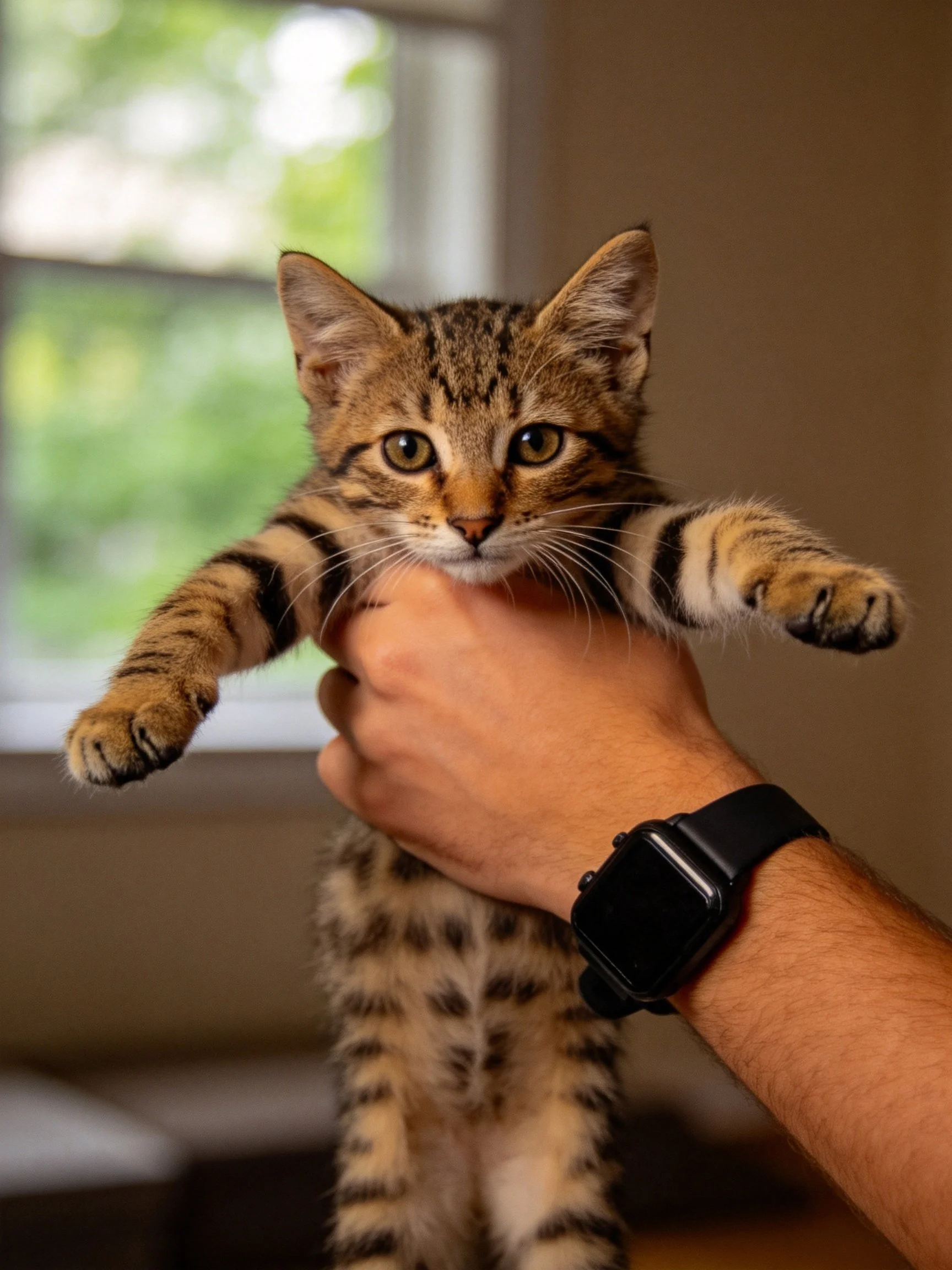 A small tabby kitten held by a hand near a sunlit window