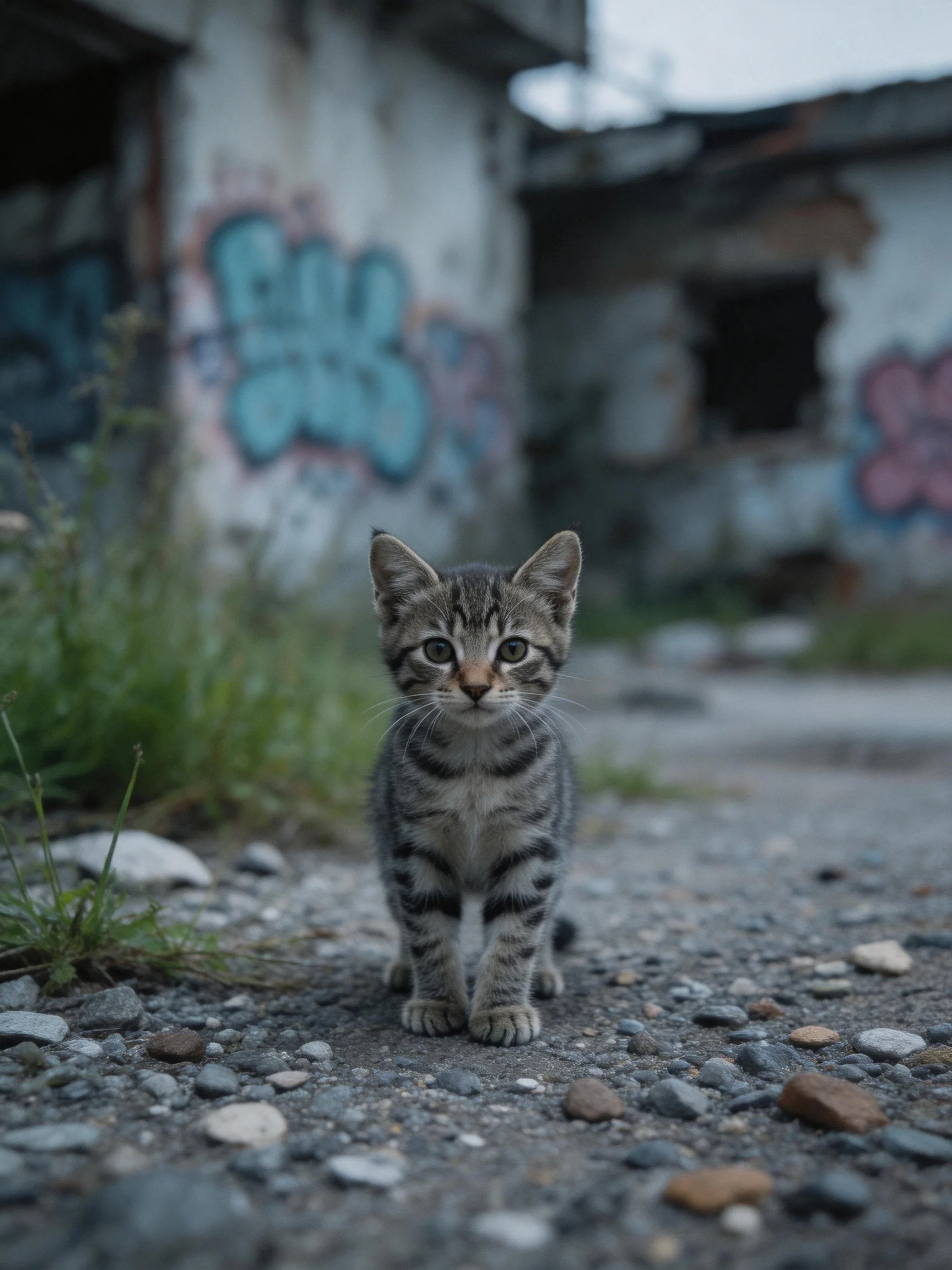 A small tabby kitten on a gravel path near graffiti-covered ruins