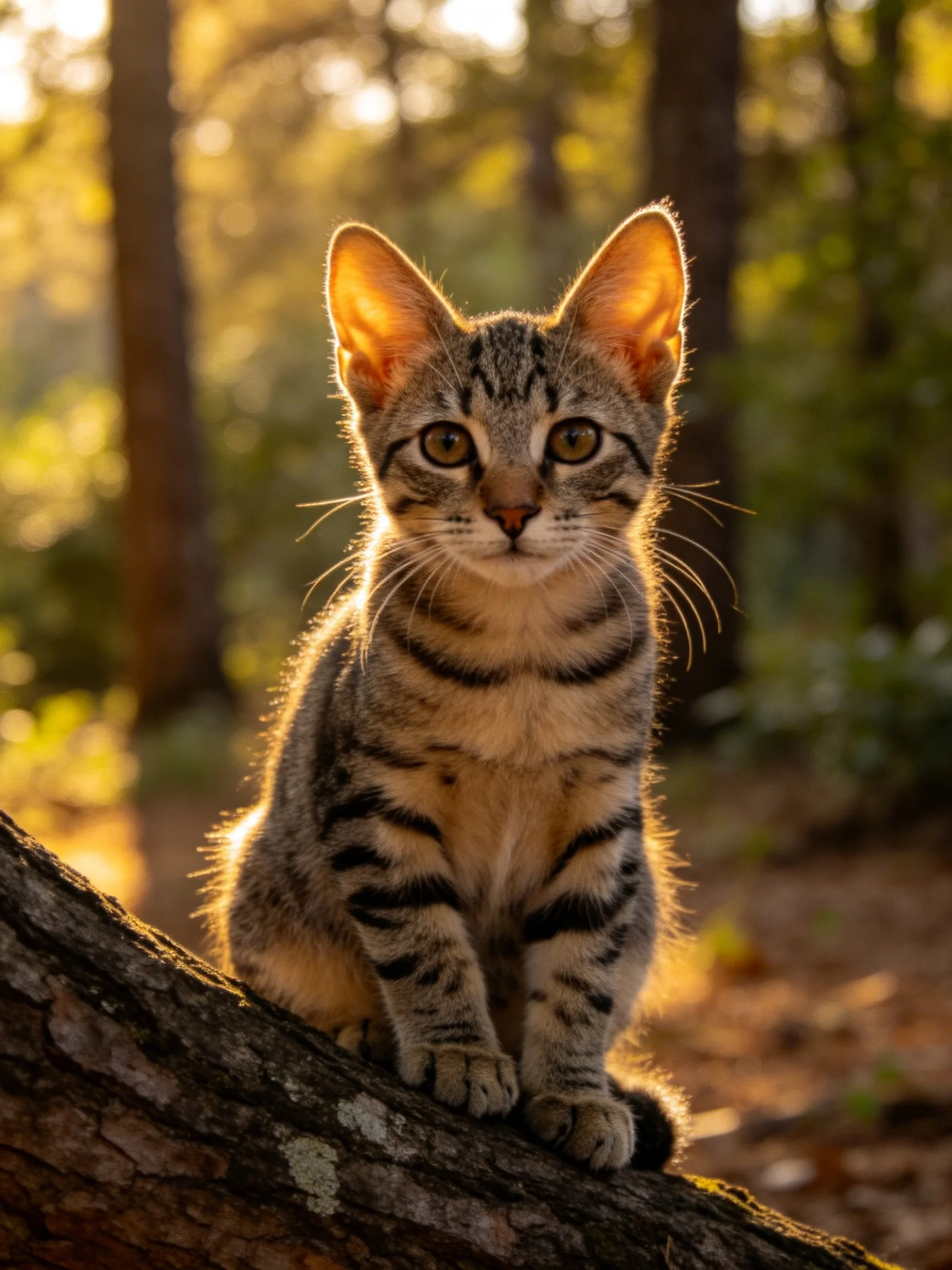 A small tabby kitten perched on a tree trunk in golden forest light