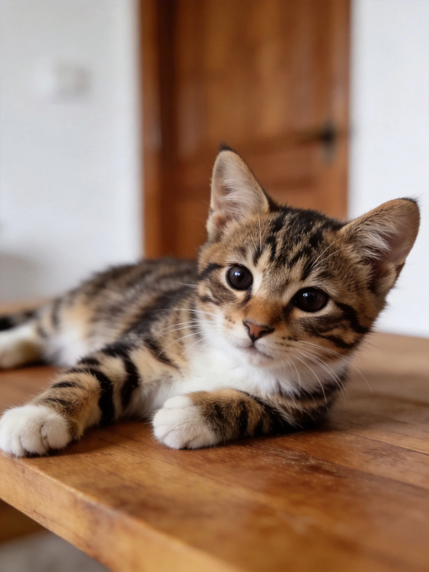 A small tabby kitten reclines on a wooden table