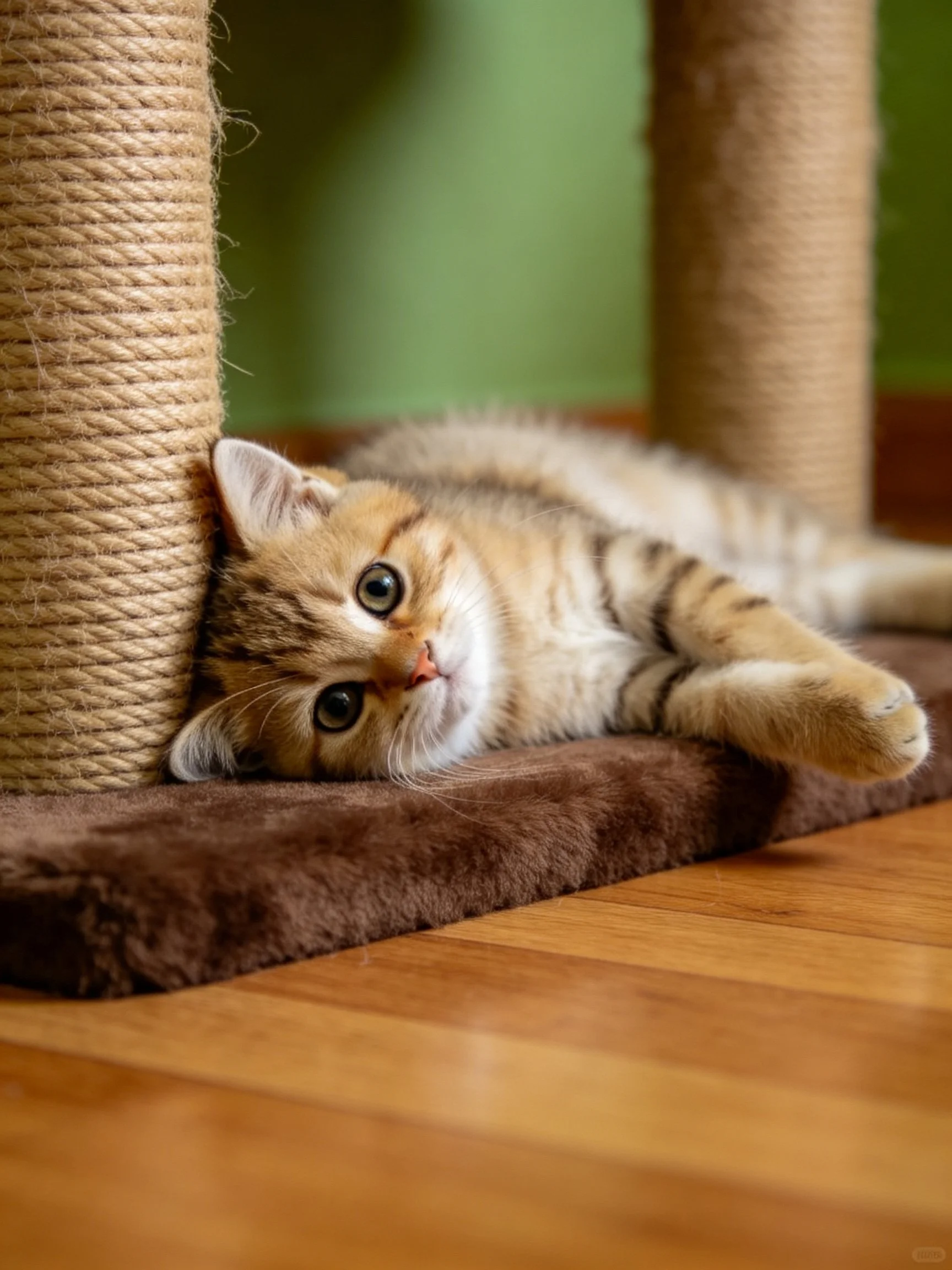 A small tabby kitten rests beside a thick rope scratching post on a brown mat