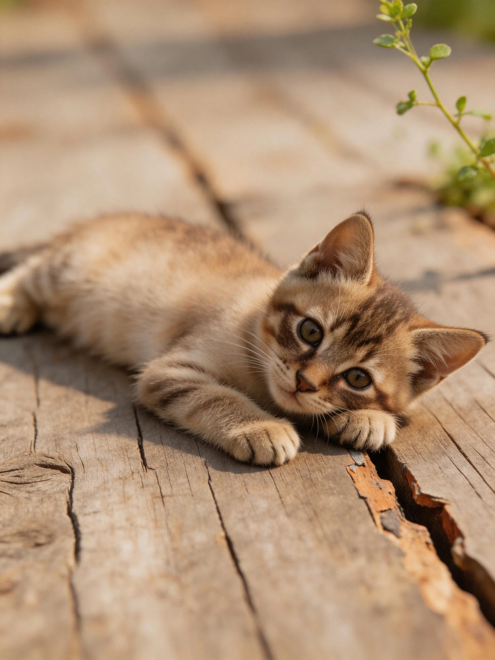 A small tabby kitten rests on weathered wooden planks near green foliage