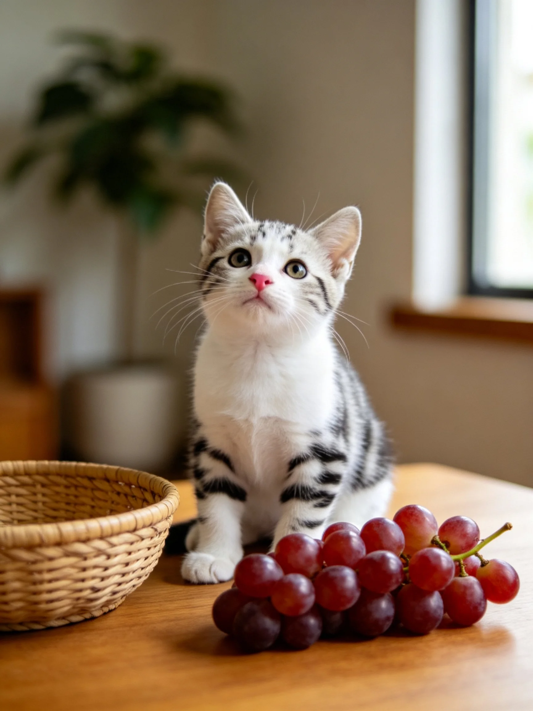 A small tabby kitten sits next to red grapes and a wicker basket indoors.