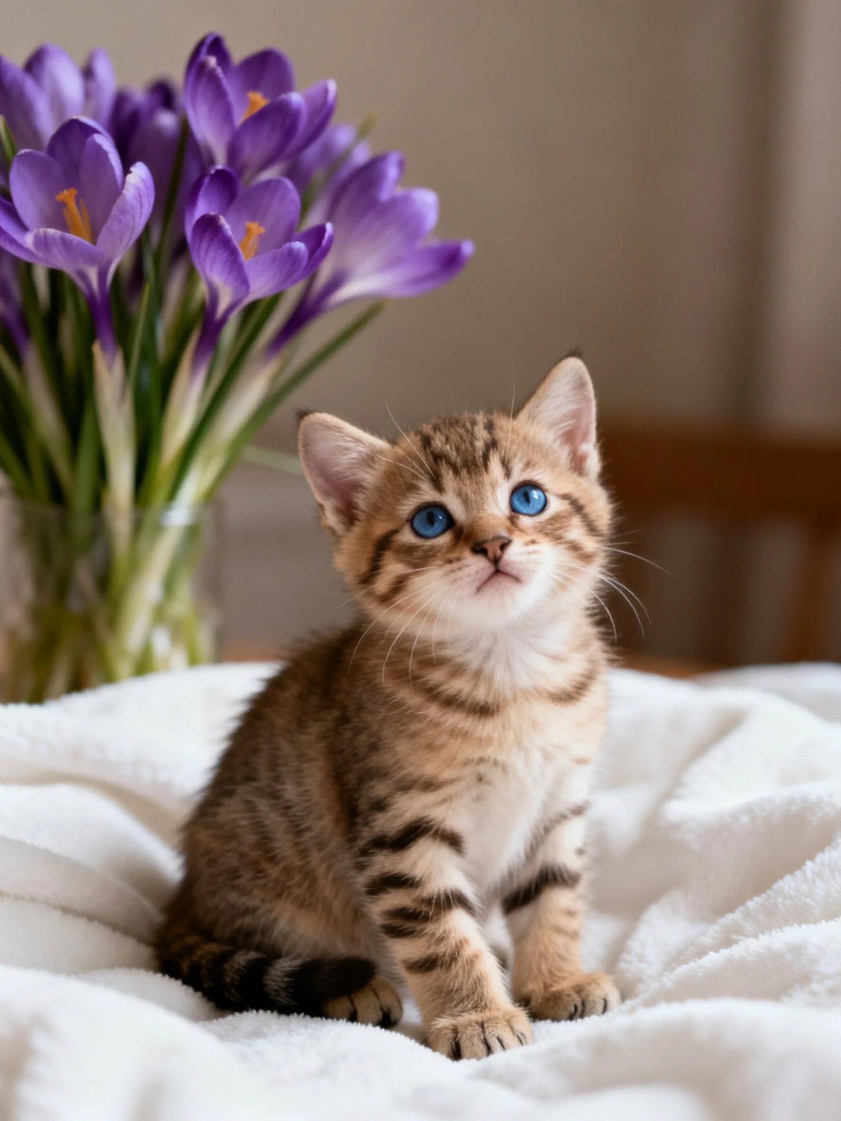 A small tabby kitten sits near purple crocus flowers on a white towel.
