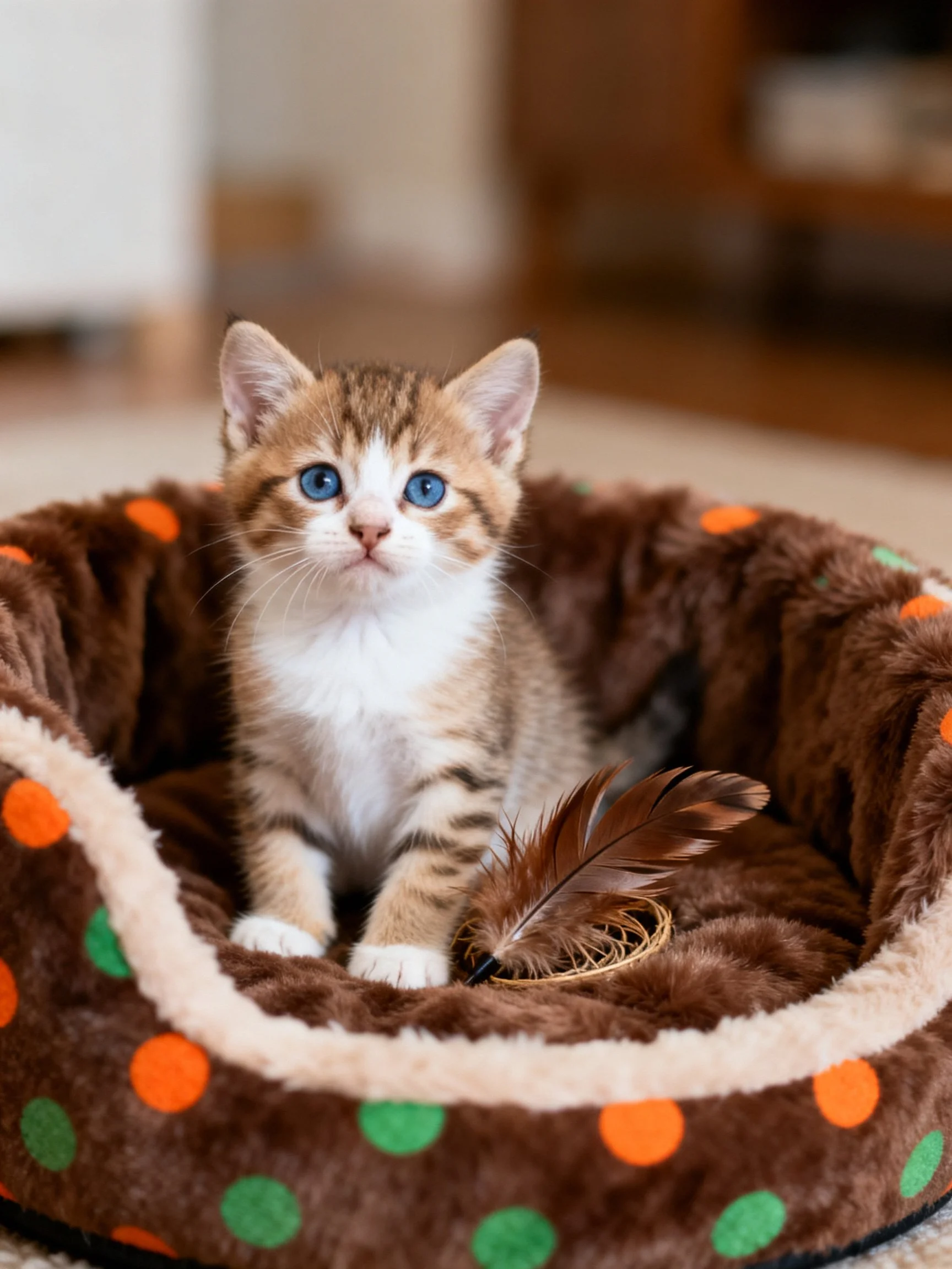 A small tabby kitten sits in a brown polka-dotted pet bed