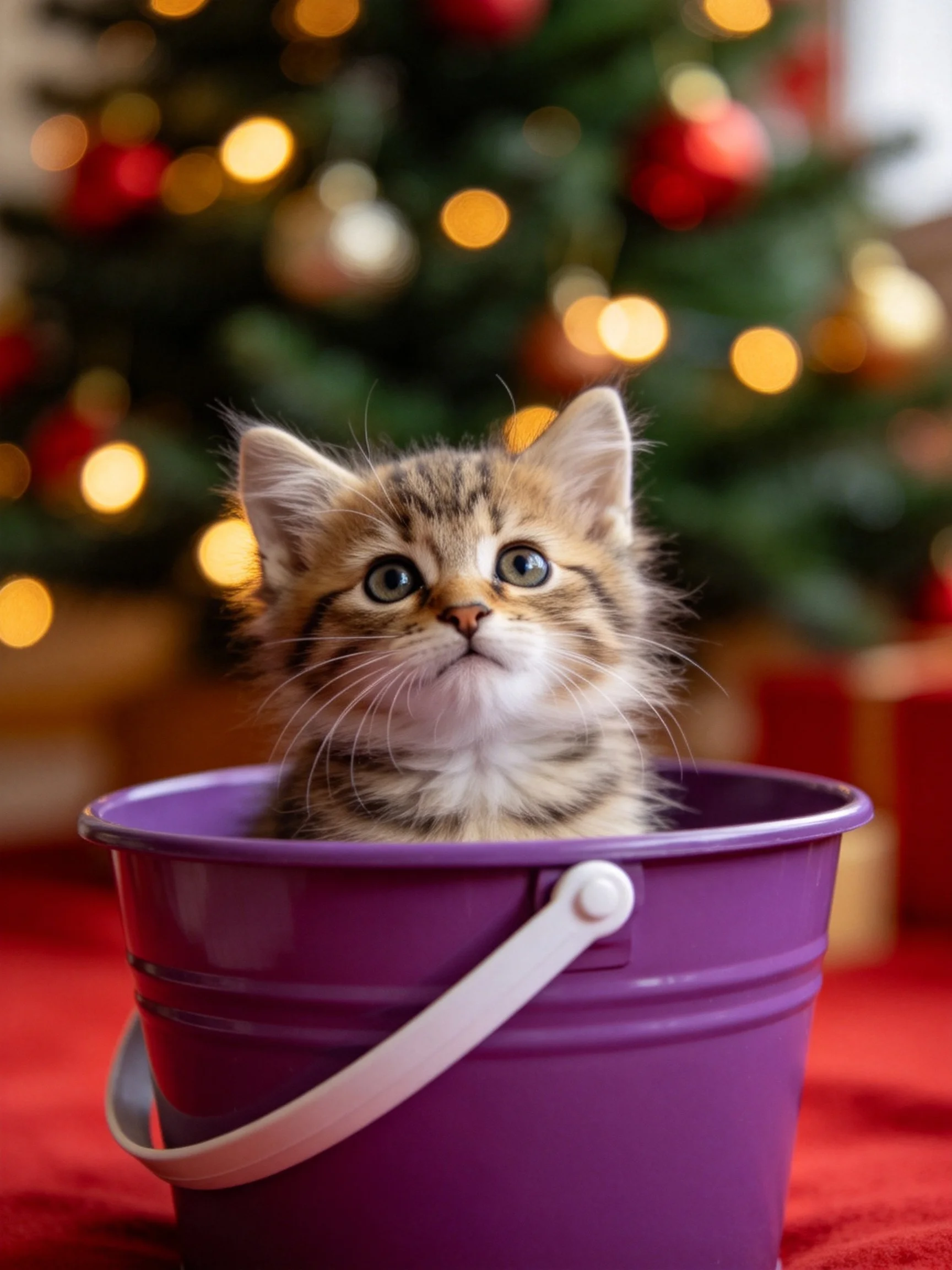 A small tabby kitten rests in a purple bucket next to a lit Christmas tree.