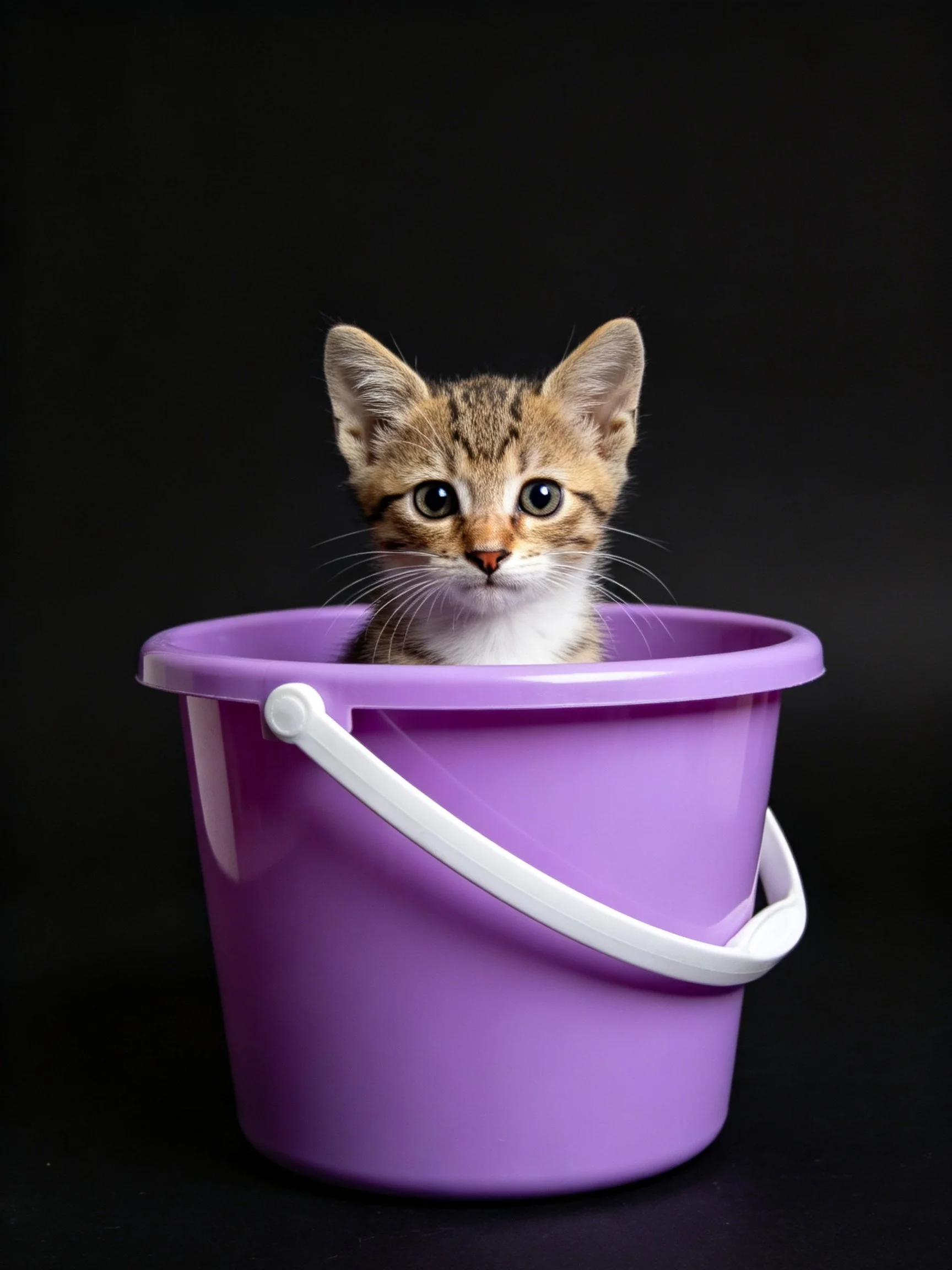 A small tabby kitten sits inside a bright purple bucket