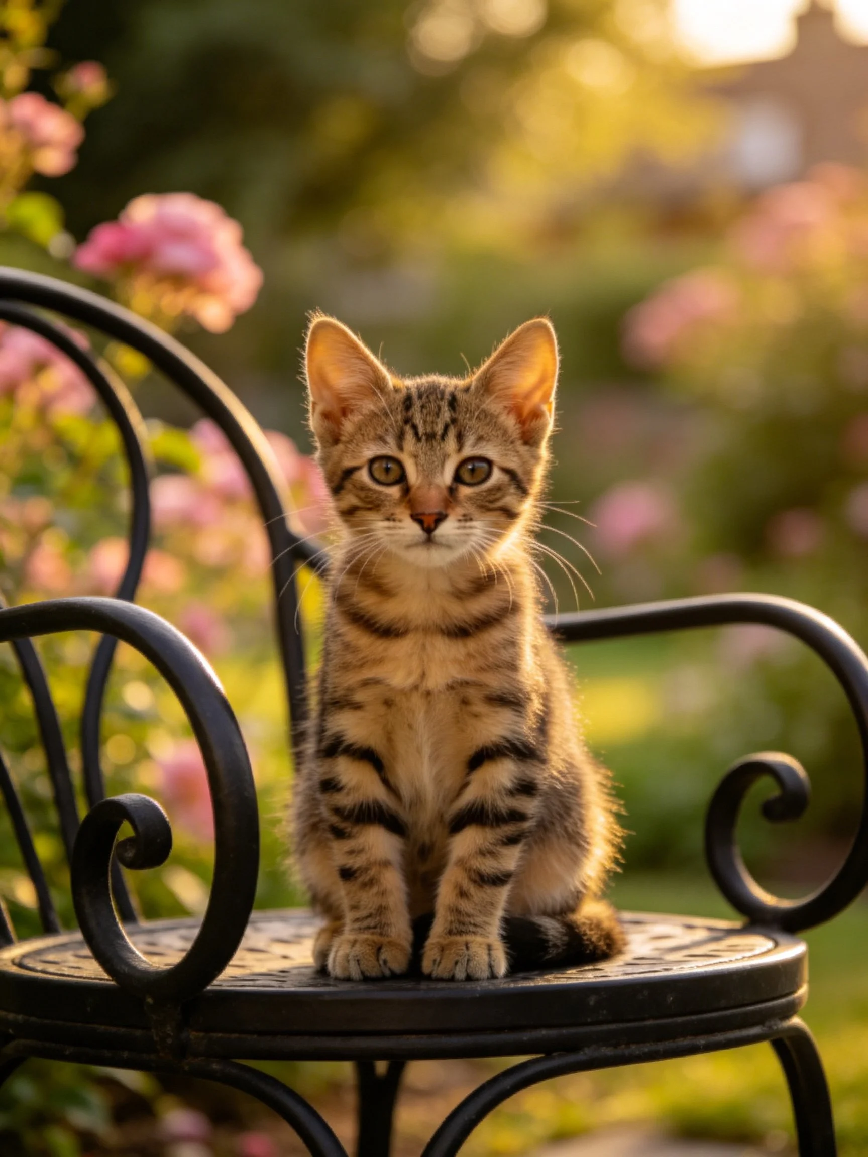 A small tabby kitten sits calmly on a black wrought iron chair in a sunlit garden with pink flowers.
