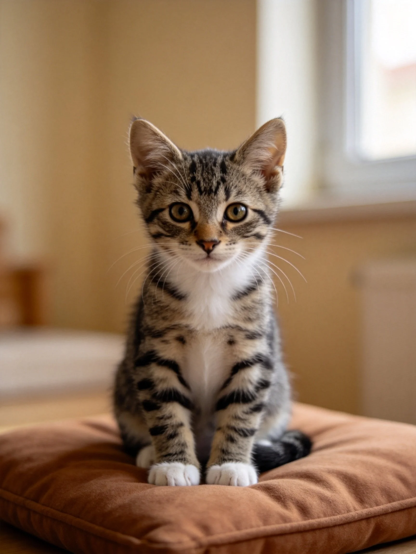 A small tabby kitten sits on a cushion in a softly lit indoor space.
