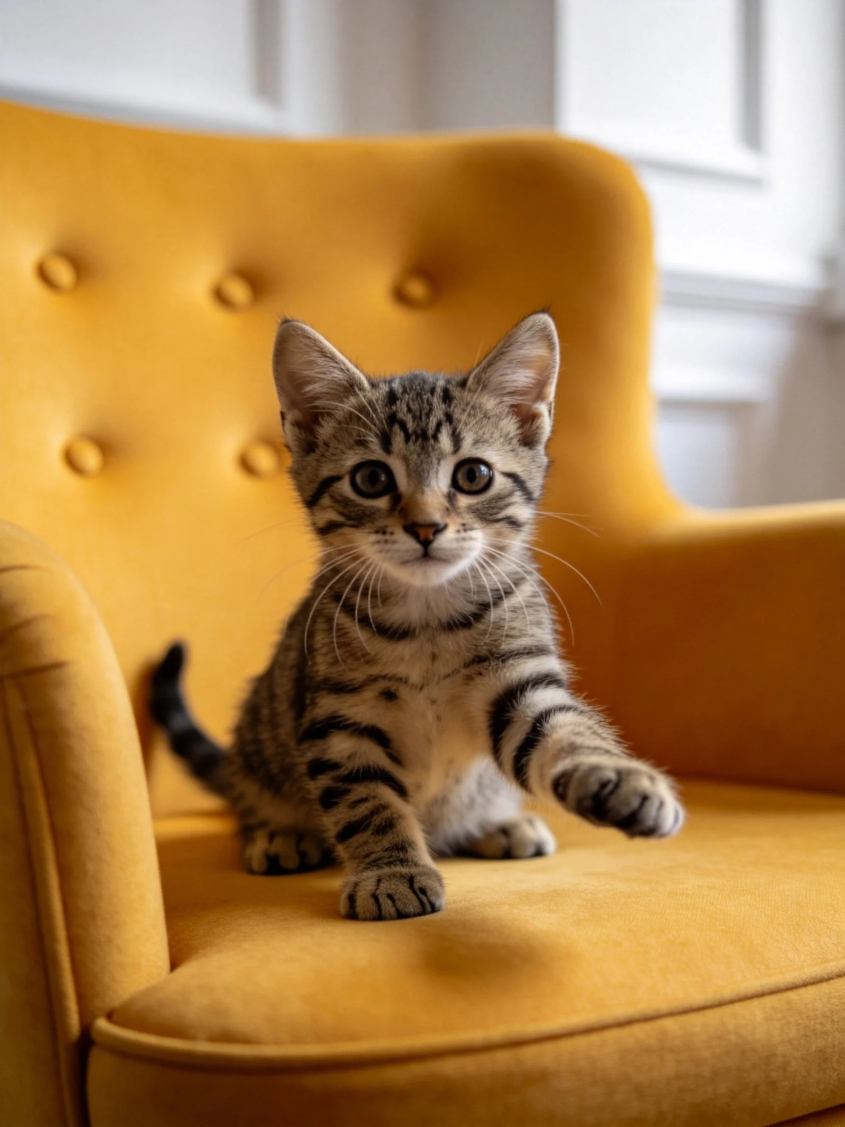 A small tabby kitten sits on a mustard-yellow tufted armchair indoors.
