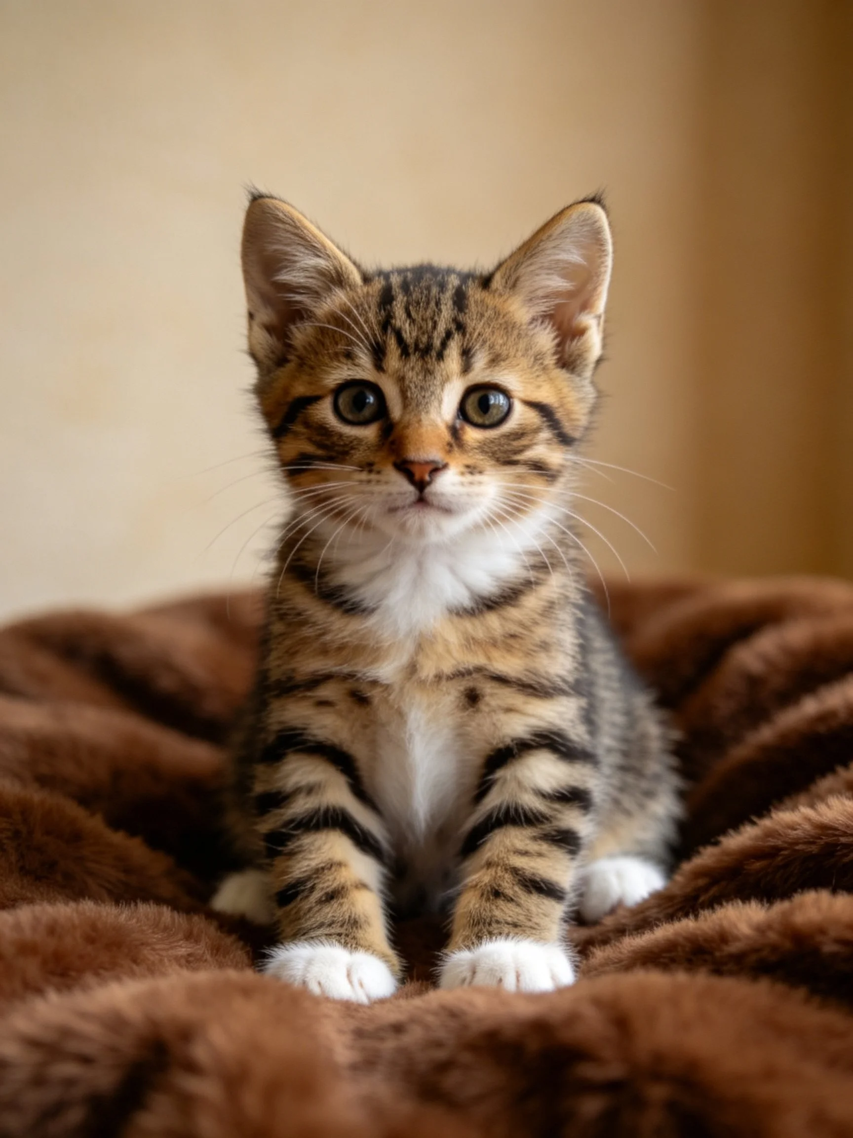 A small tabby kitten sits on a plush brown blanket