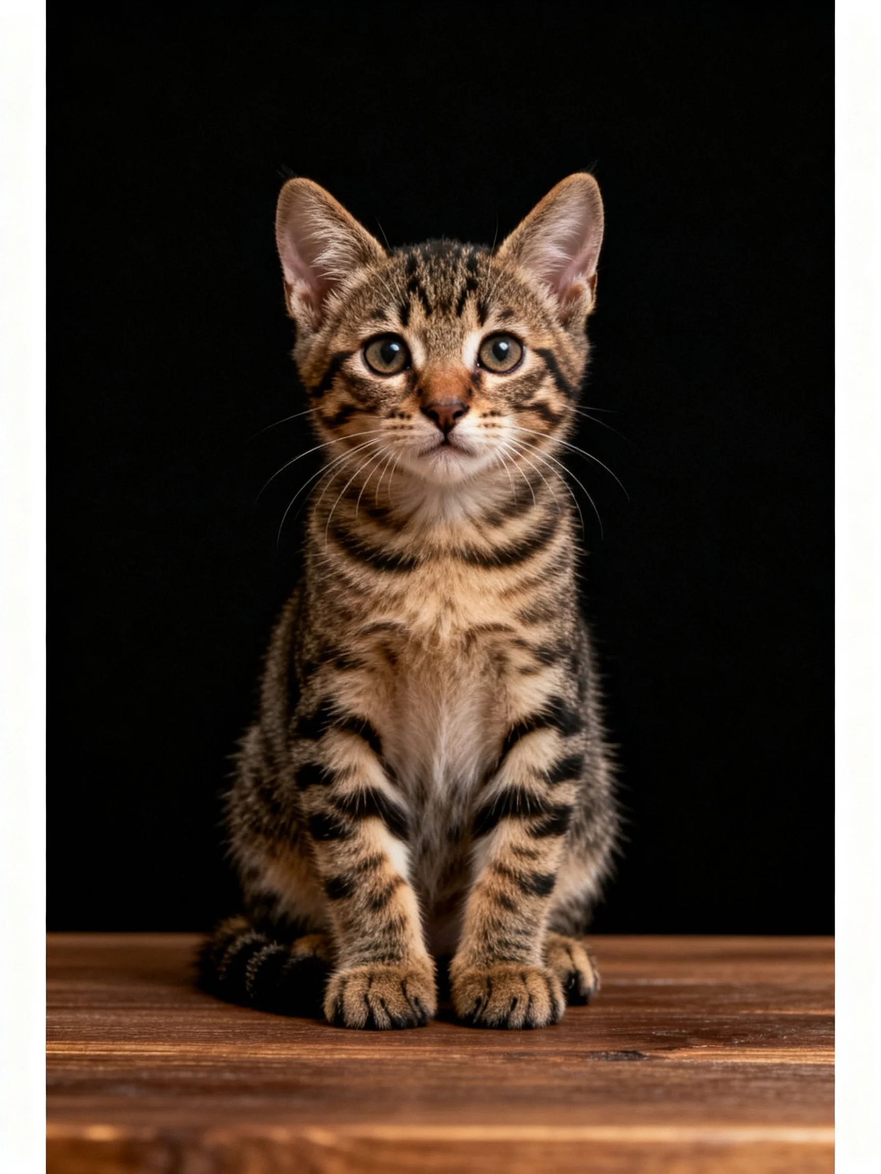A small tabby kitten sits on a polished wooden surface against a black backdrop