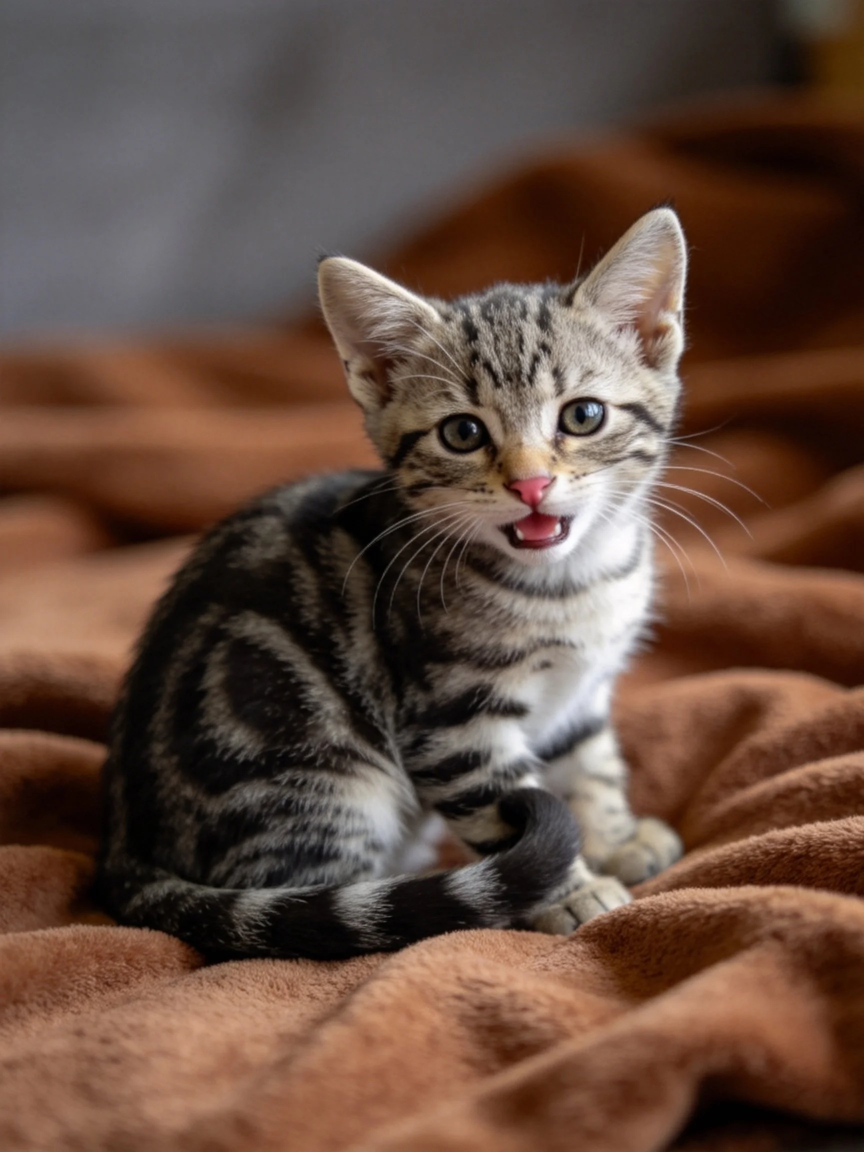 A small tabby kitten sits on a brown blanket.