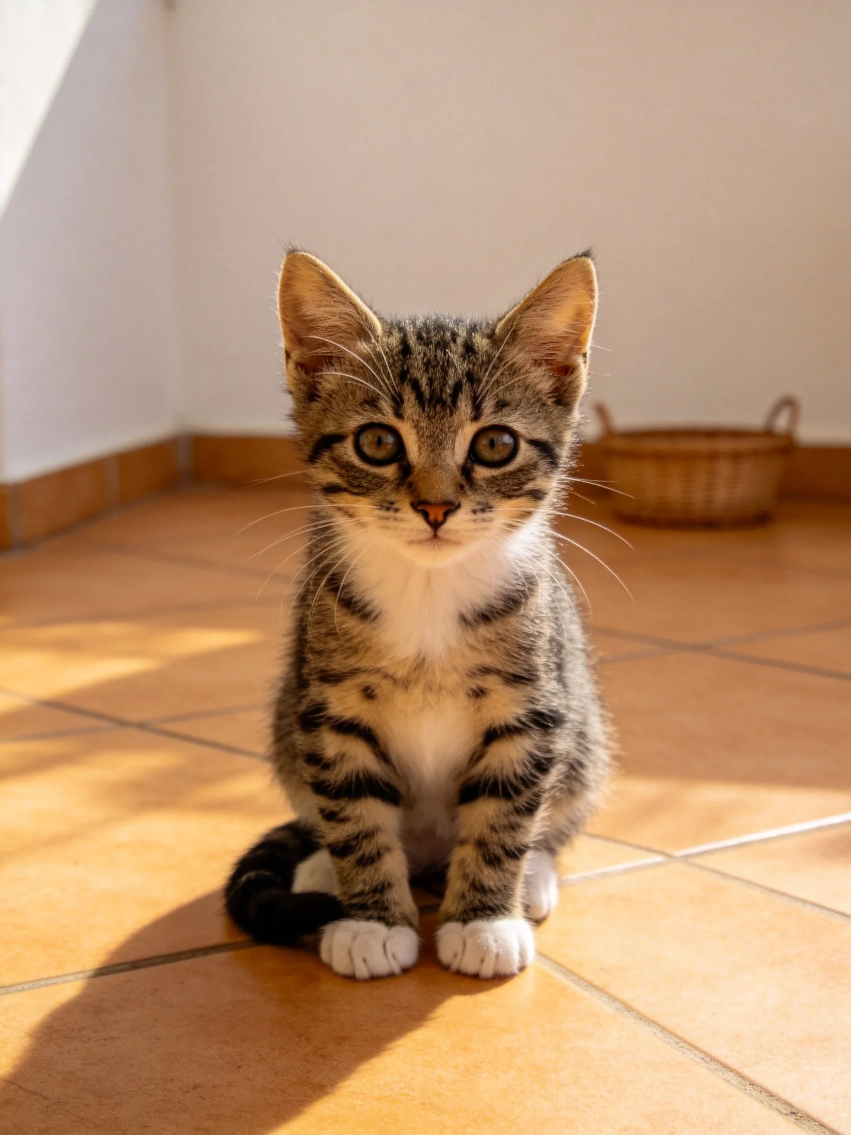 A small tabby kitten sits on terracotta tiles near a wicker basket