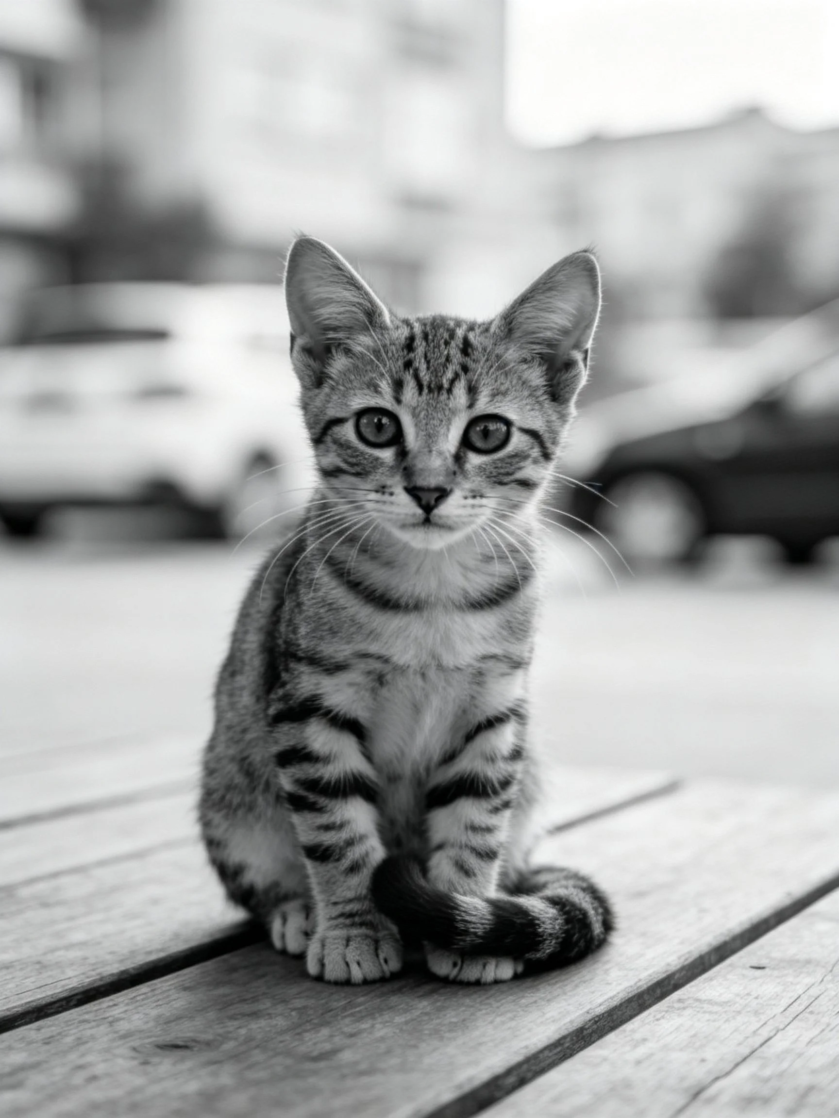 A small tabby kitten sits calmly on wooden planks amid a blurred outdoor backdrop.