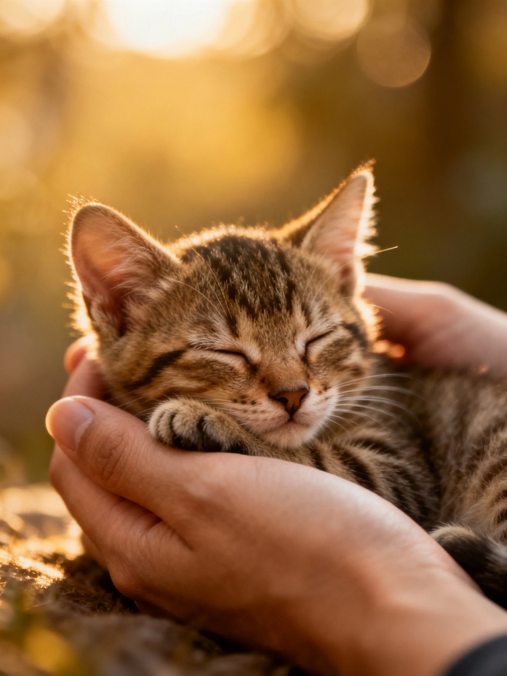 A small tabby kitten sleeping in cupped human hands at golden hour