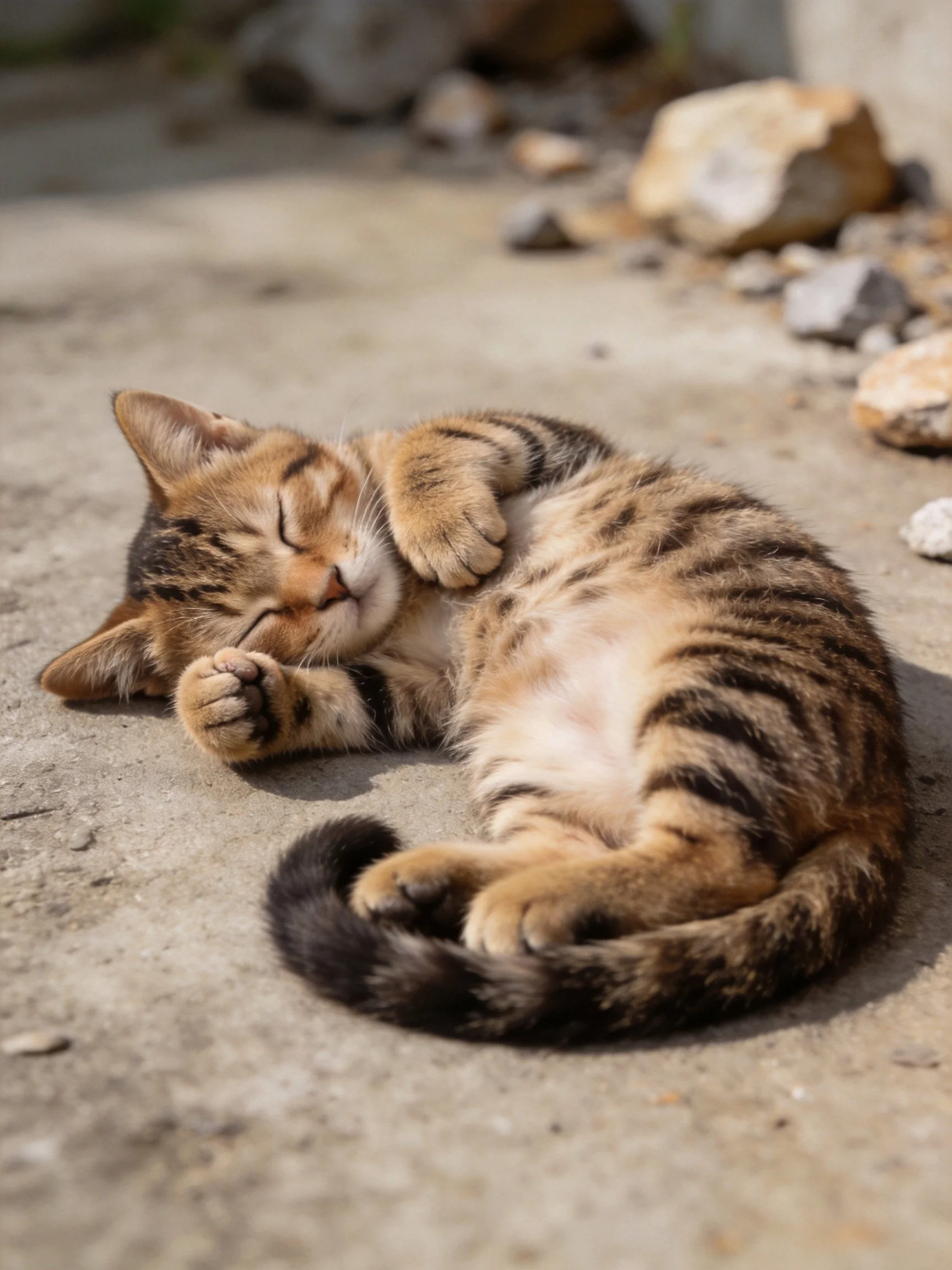 A small tabby kitten sleeps curled on a concrete surface
