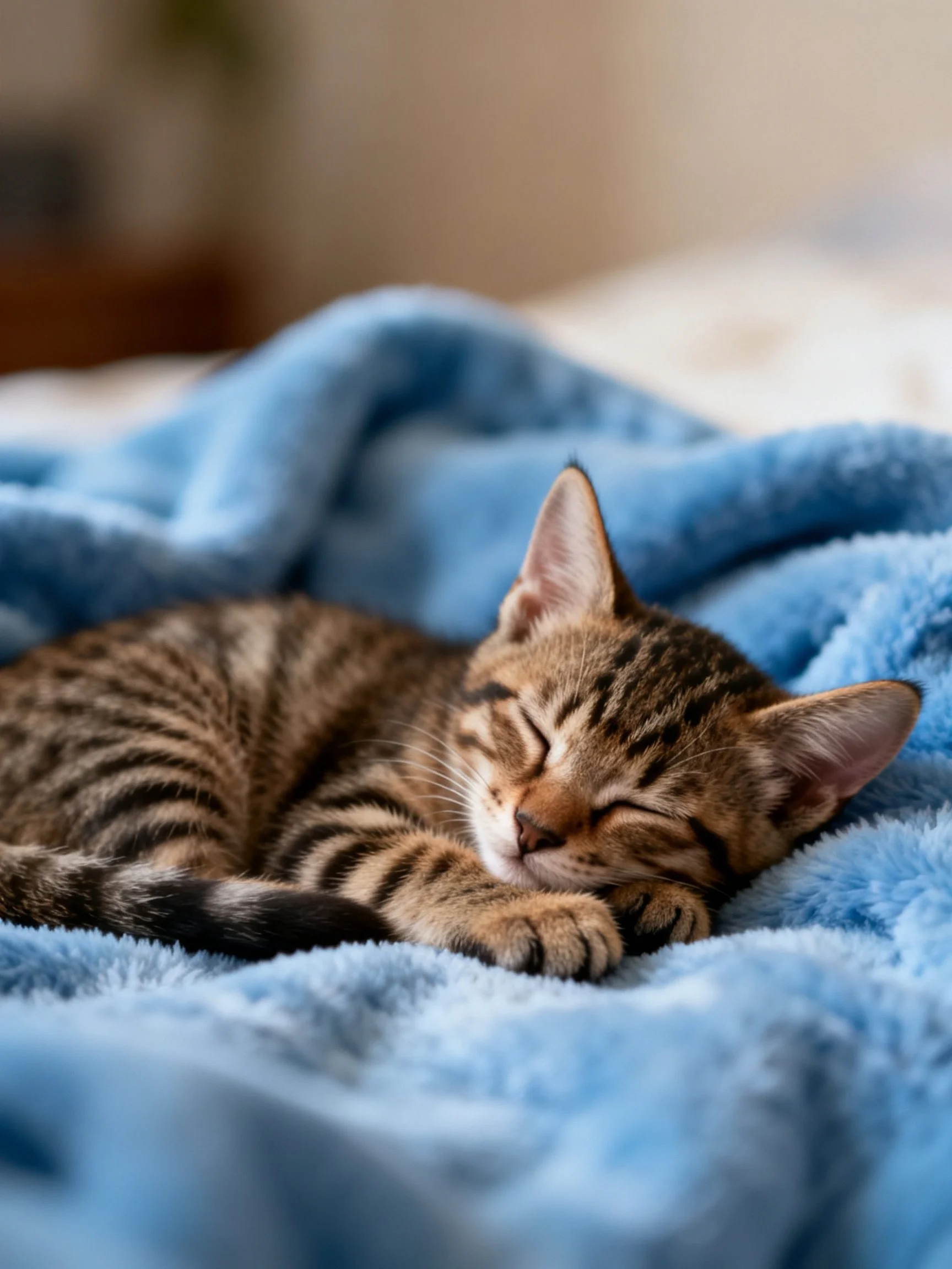 A small tabby kitten sleeps on a fluffy blue blanket