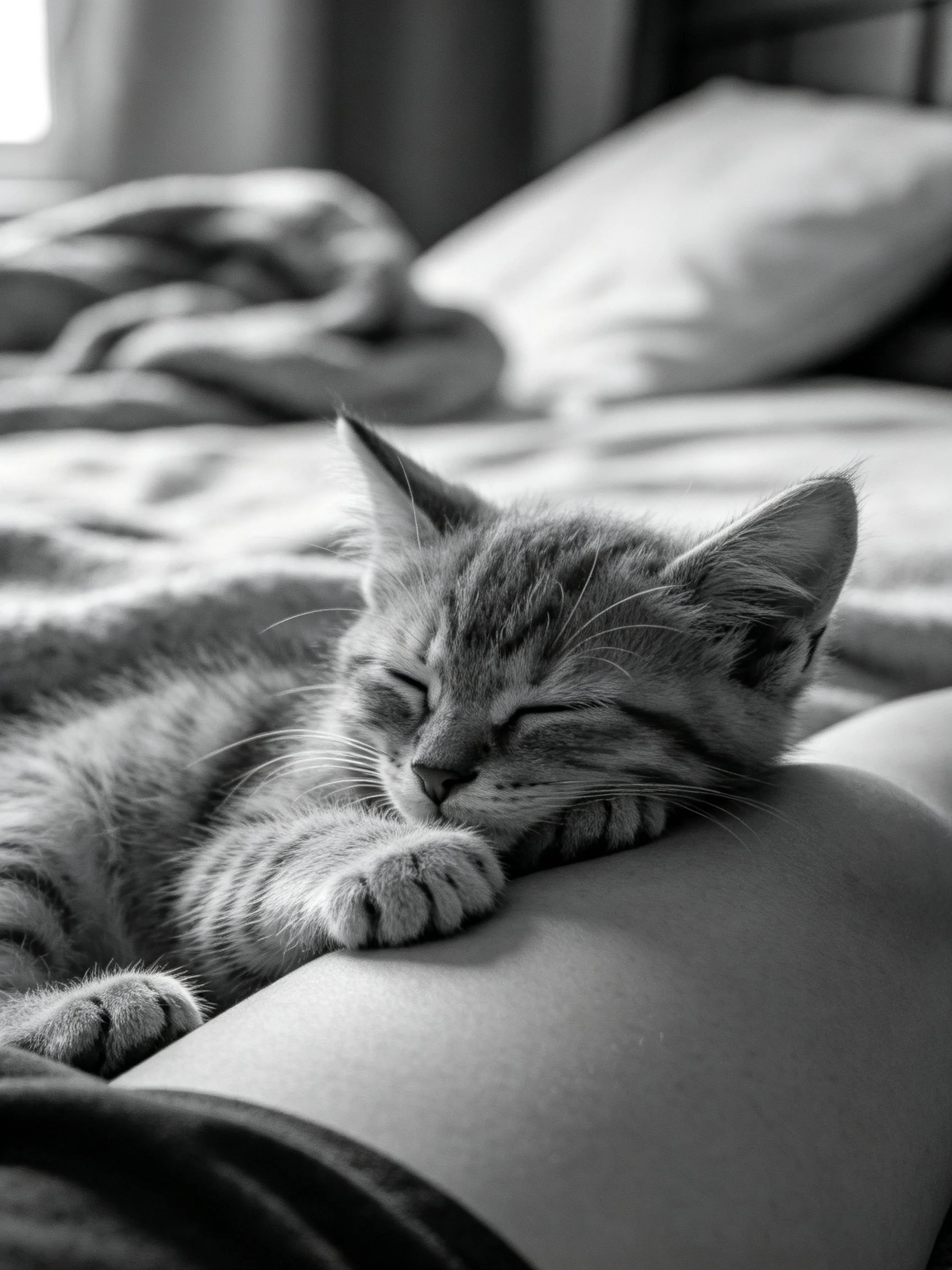 A small tabby kitten sleeps peacefully on a persons arm in a cozy bedroom
