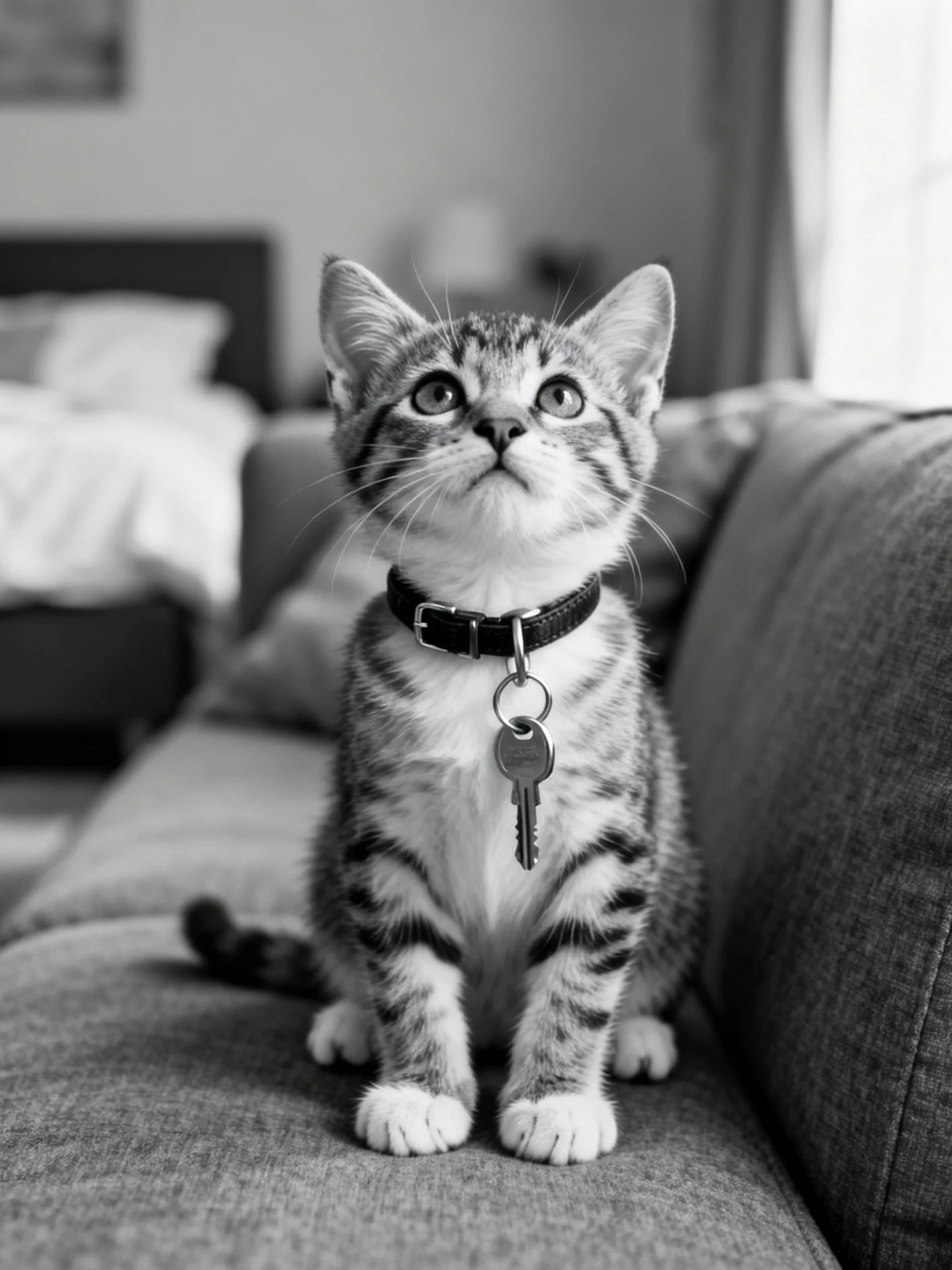 A small tabby kitten with a collar and keys sits on a couch in a home setting