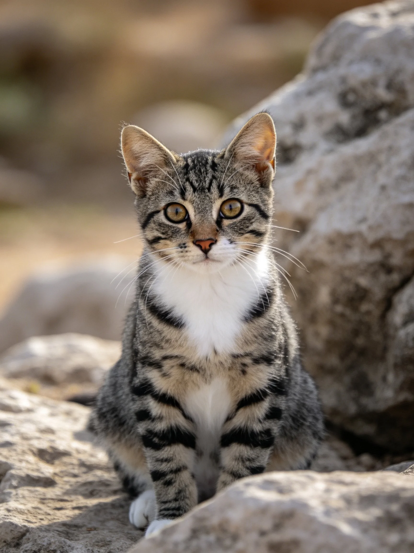 A small tabby kitten with black stripes sits calmly among large rocks.