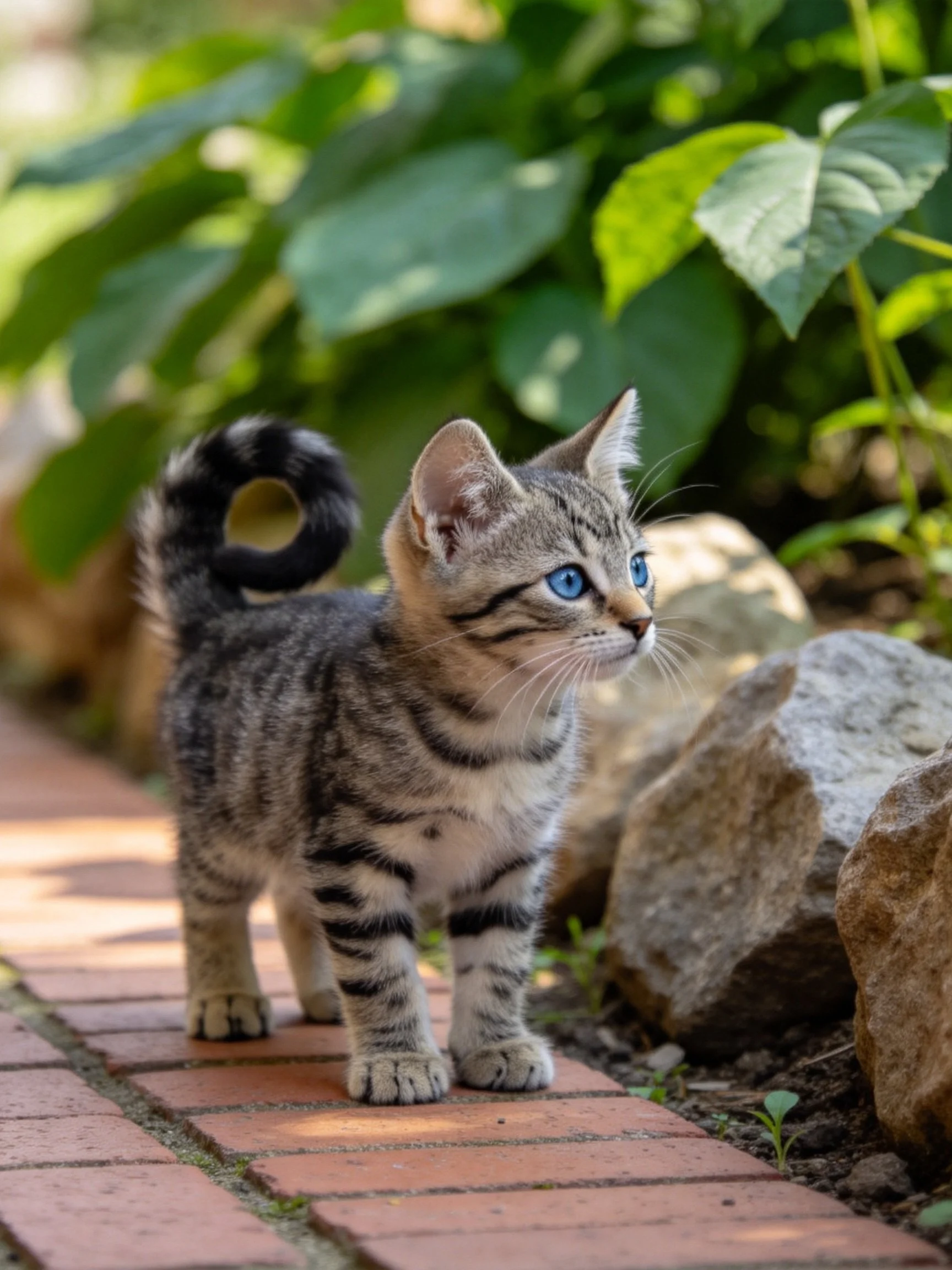 A small tabby kitten explores a brick pathway near rocks and greenery.