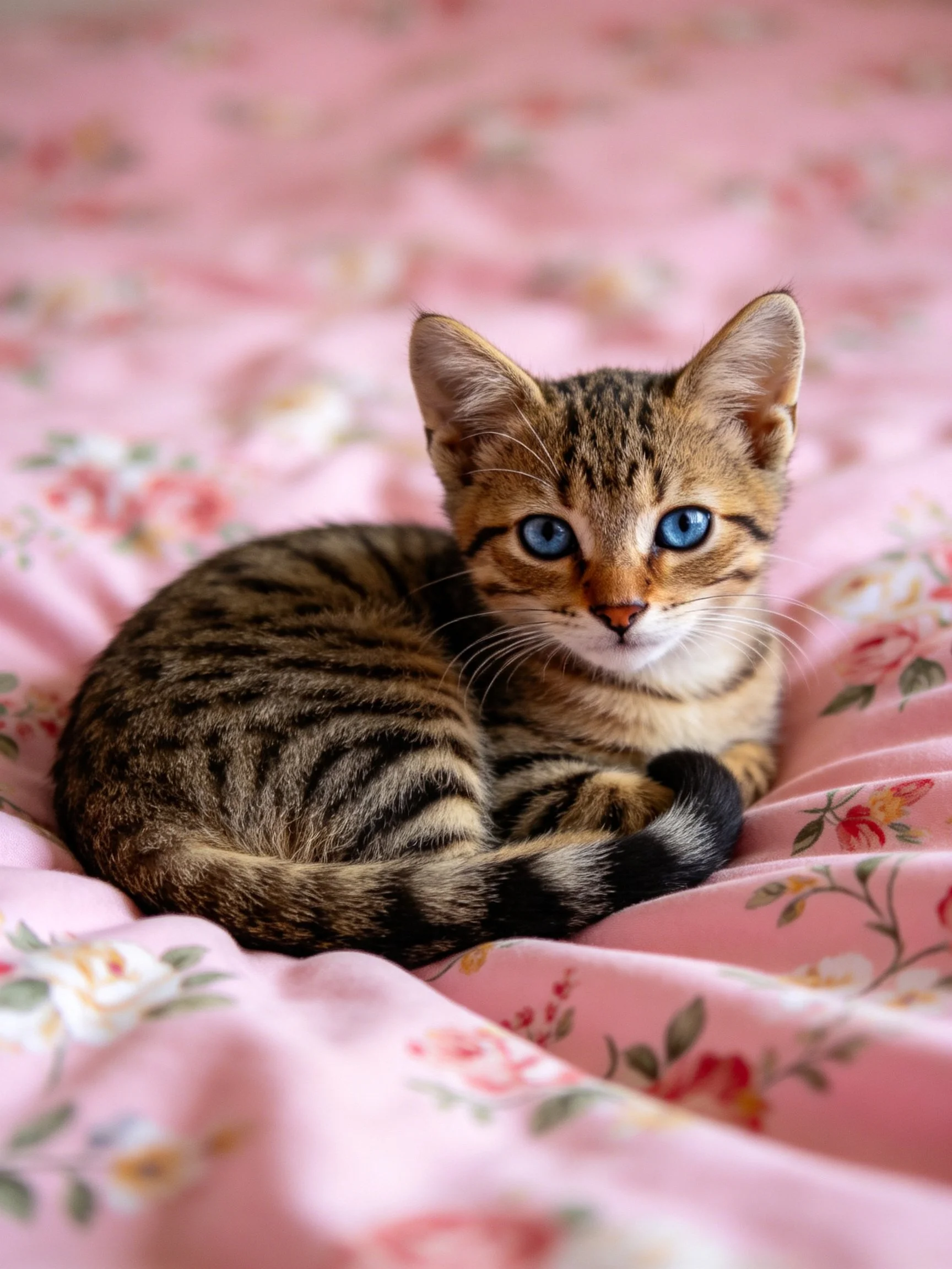A small tabby kitten with blue eyes rests on a pink floral bedspread.