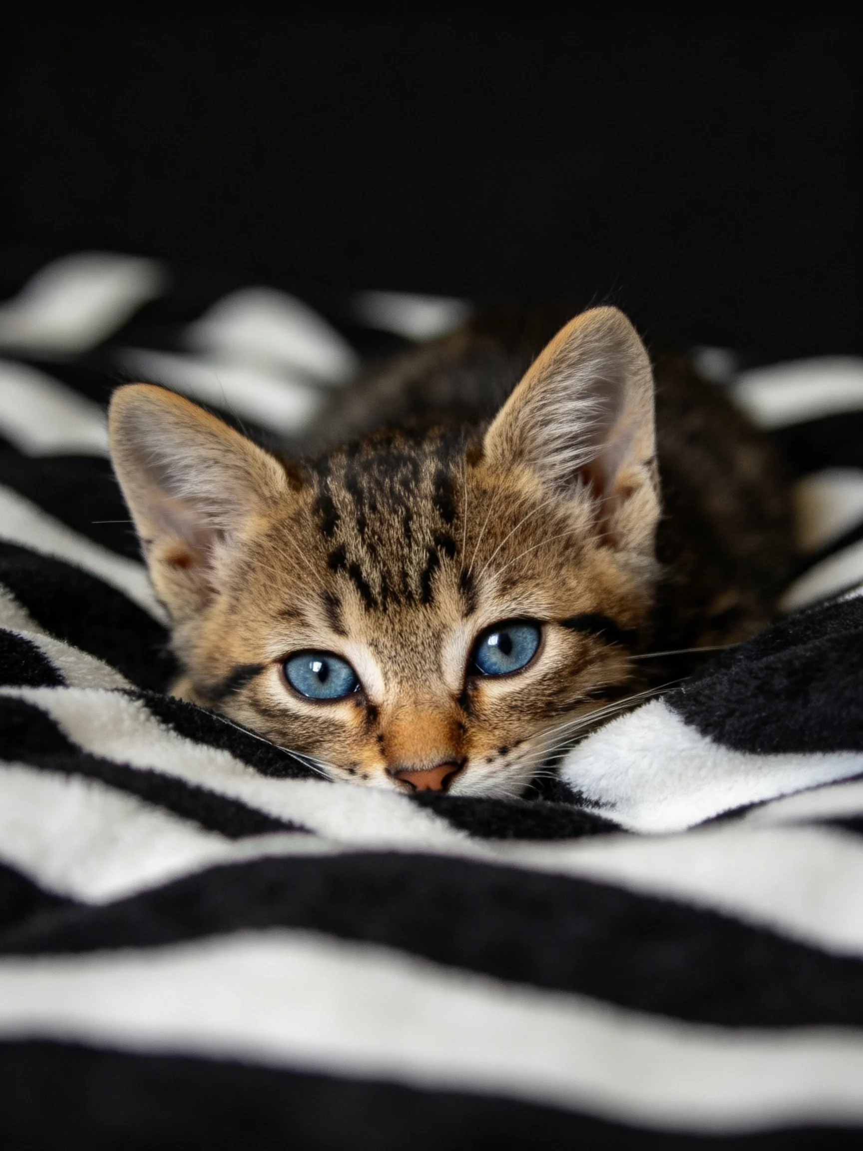 A small tabby kitten with bright blue eyes lies on a black and white striped fabric.