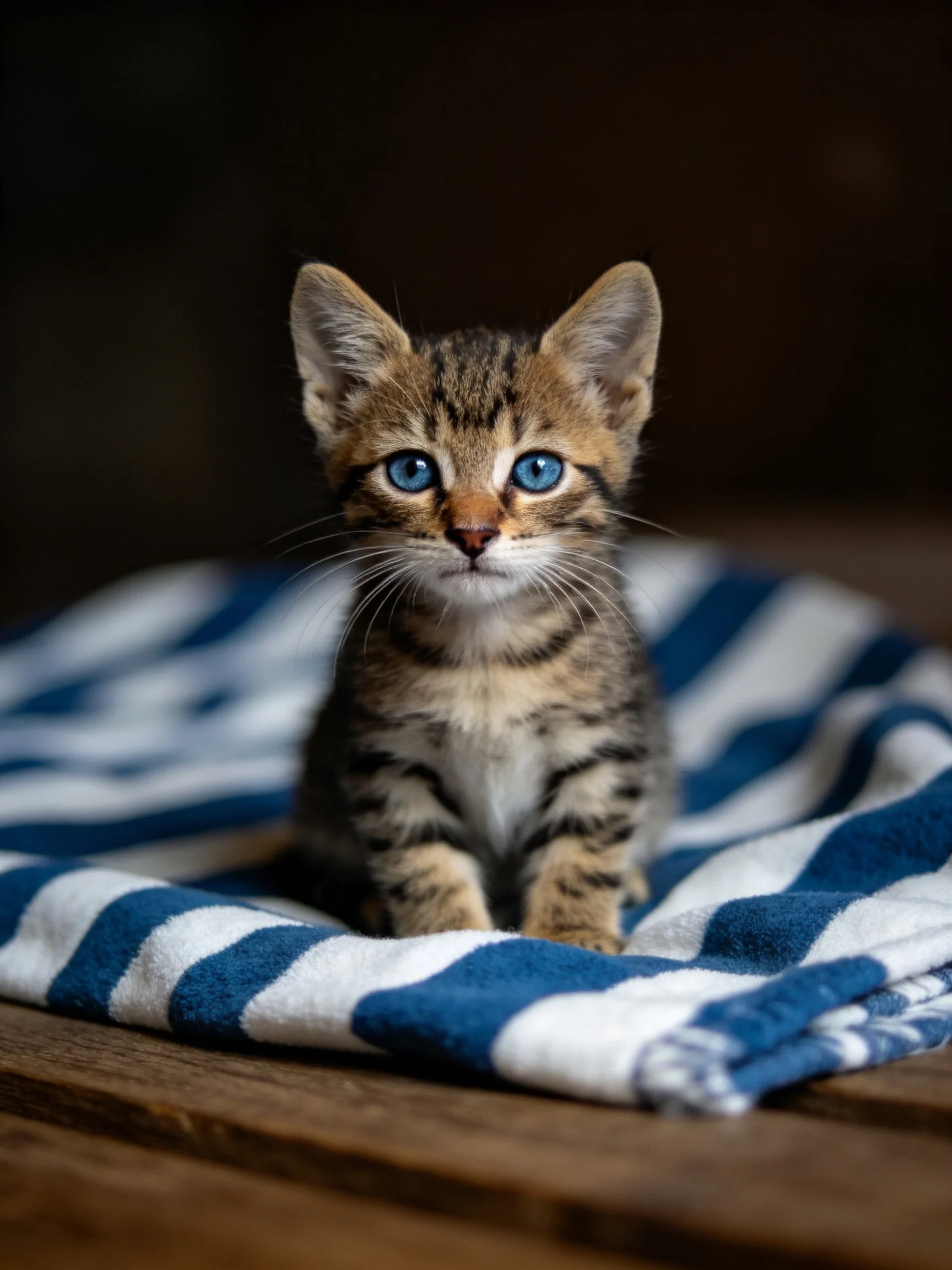 A small tabby kitten with blue eyes sits on a blue - white striped towel.