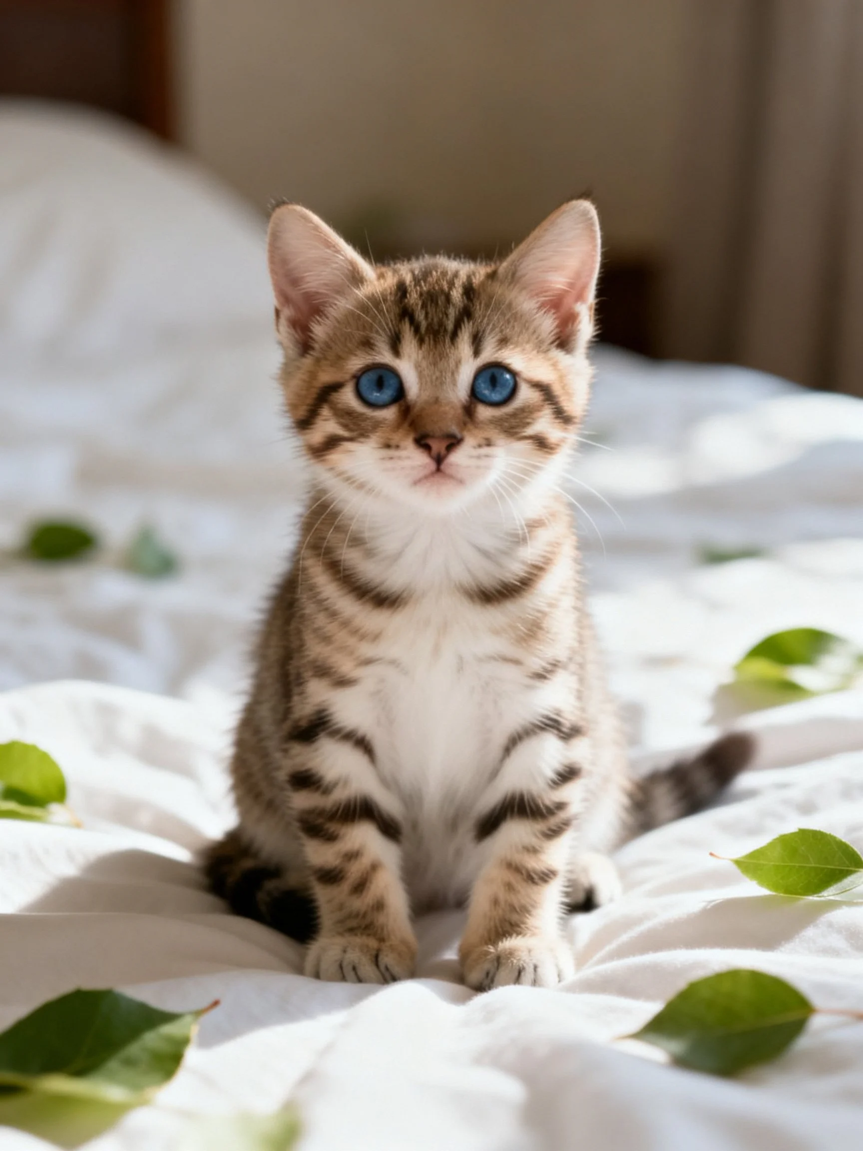 A small tabby kitten with blue eyes sits on a white bed amid scattered green leaves.