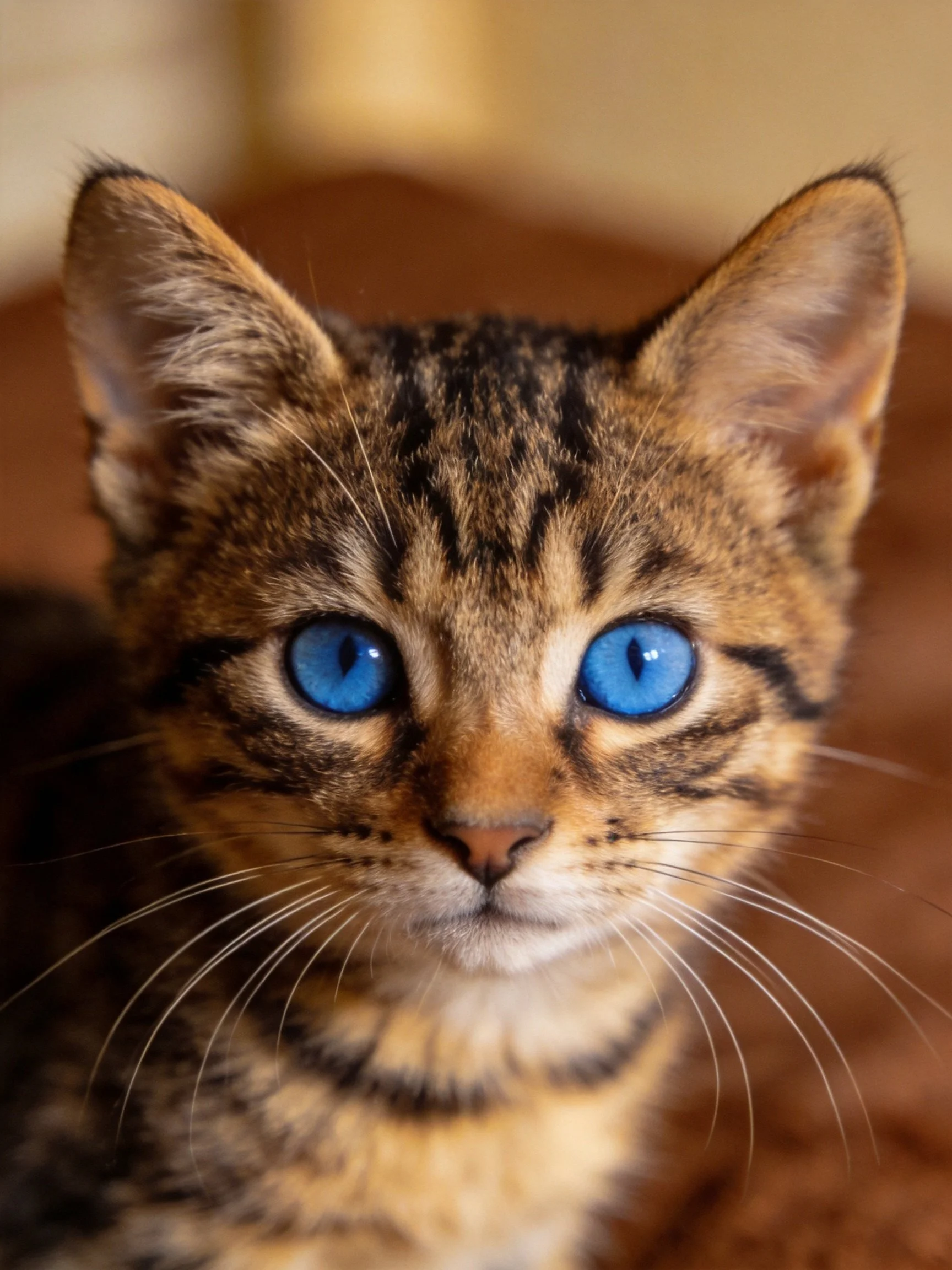 A small tabby kitten with bright blue eyes looks directly at the camera.