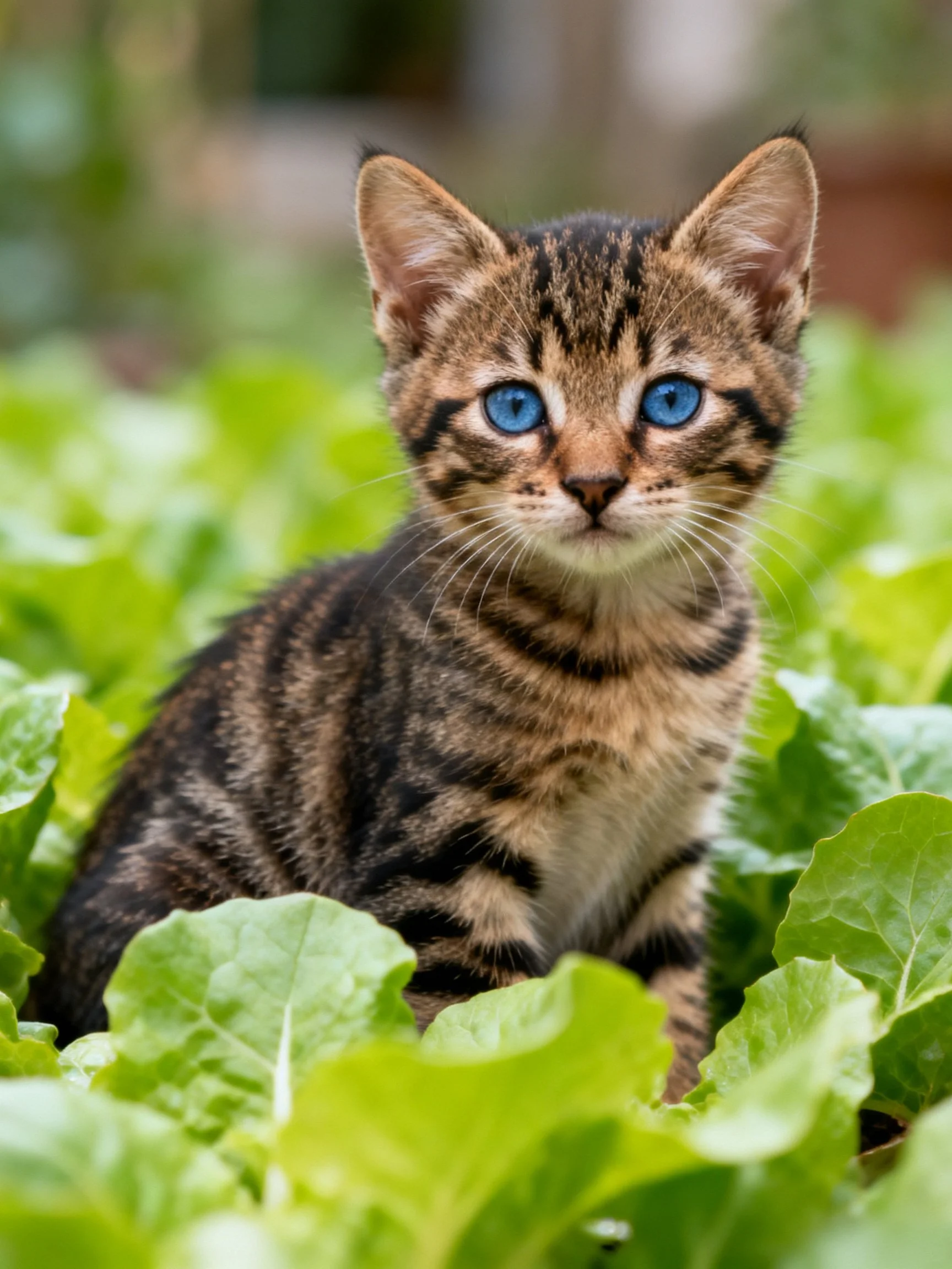 A small tabby kitten with bright blue eyes sits among green leaves.
