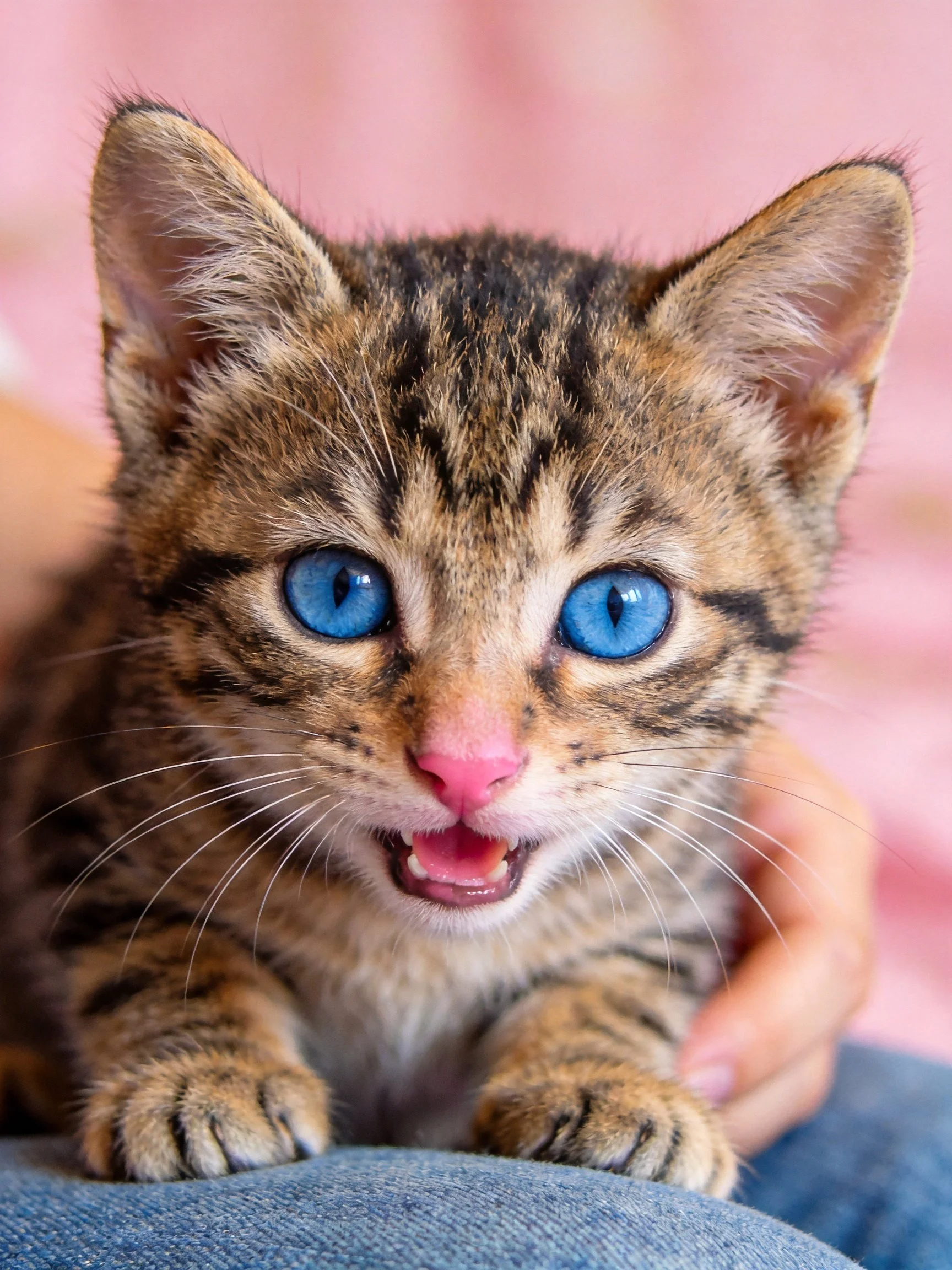 A small tabby kitten with bright blue eyes sits on a person’s lap.