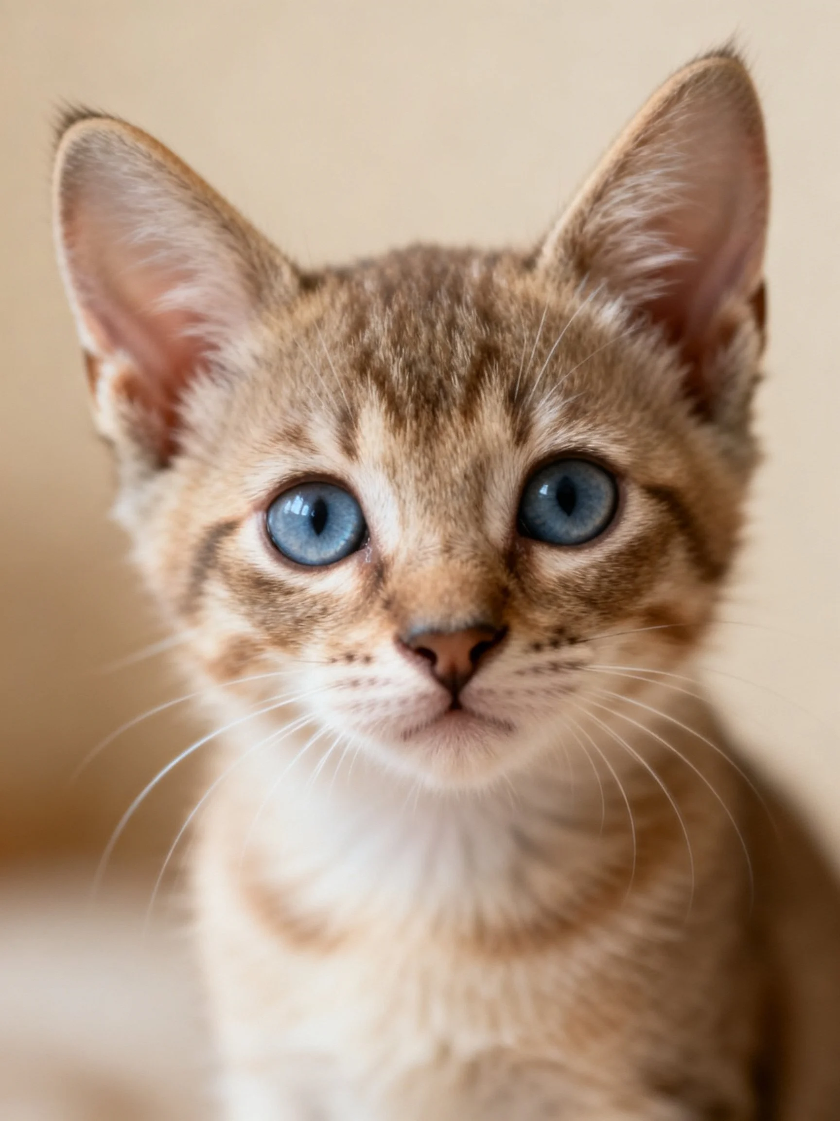 A small tabby kitten with bright blue eyes looks directly at the viewer.