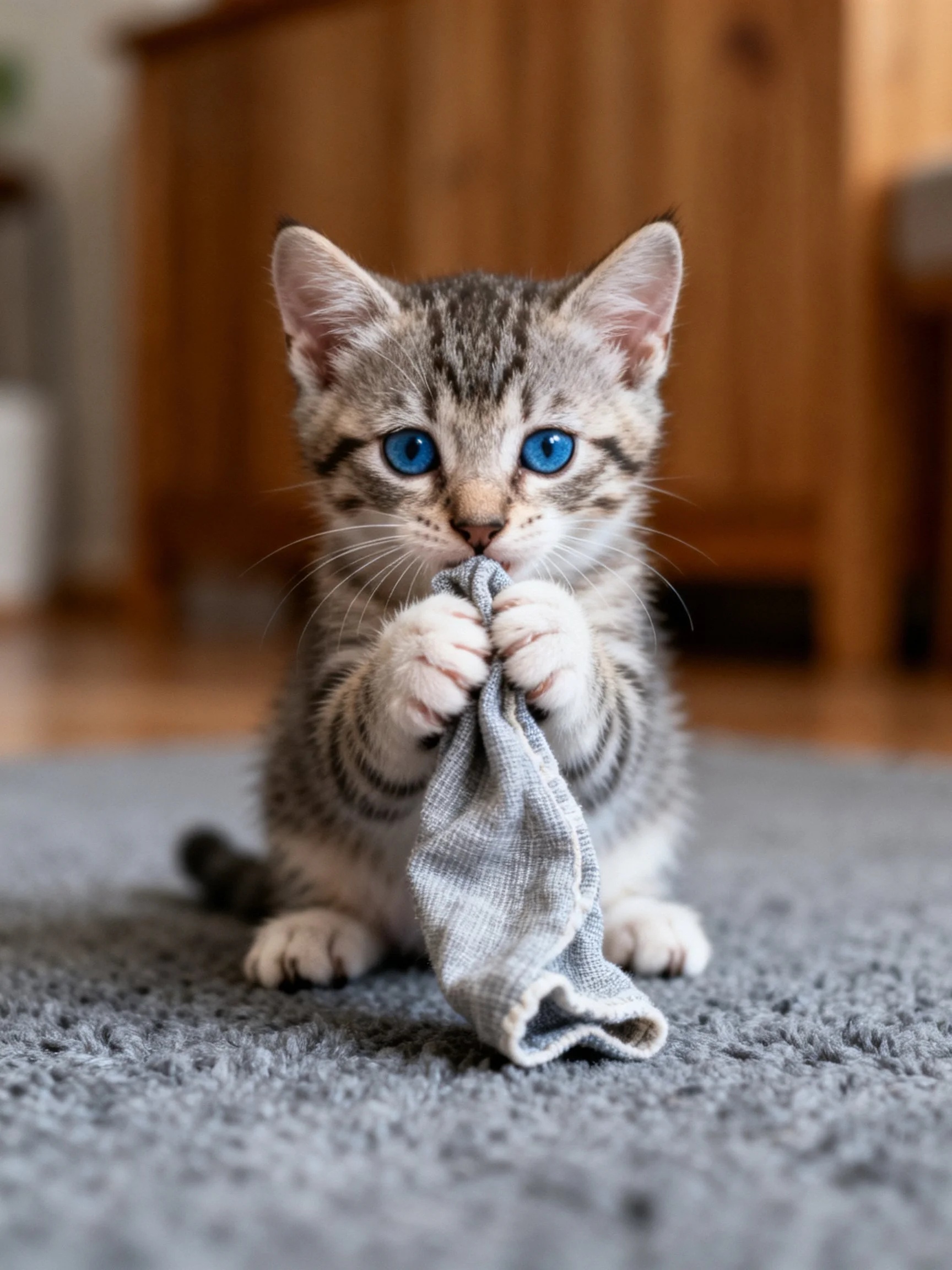 A small tabby kitten plays with a gray fabric toy indoors.