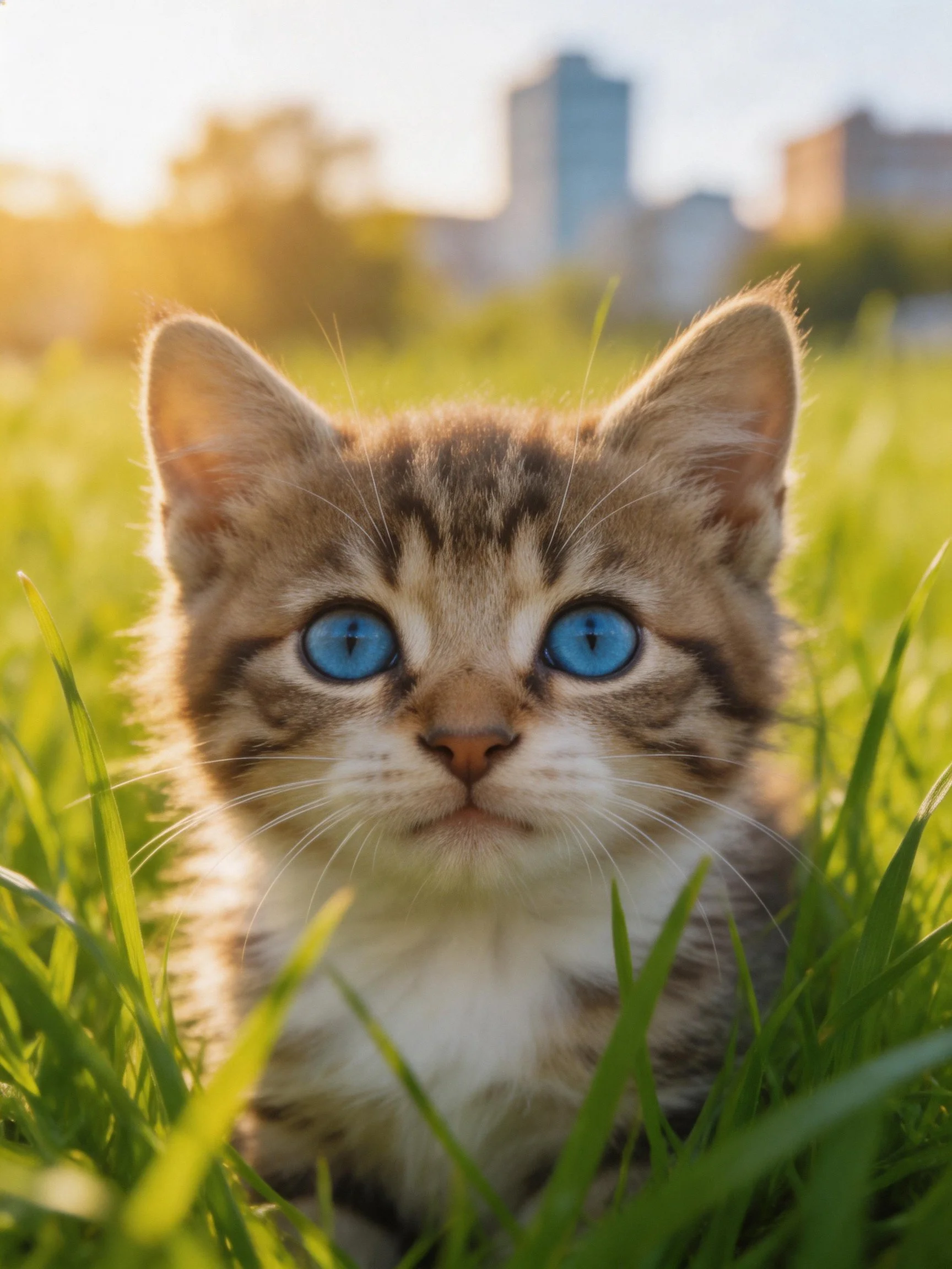 A small tabby kitten with bright blue eyes sits in lush green grass near a city backdrop.