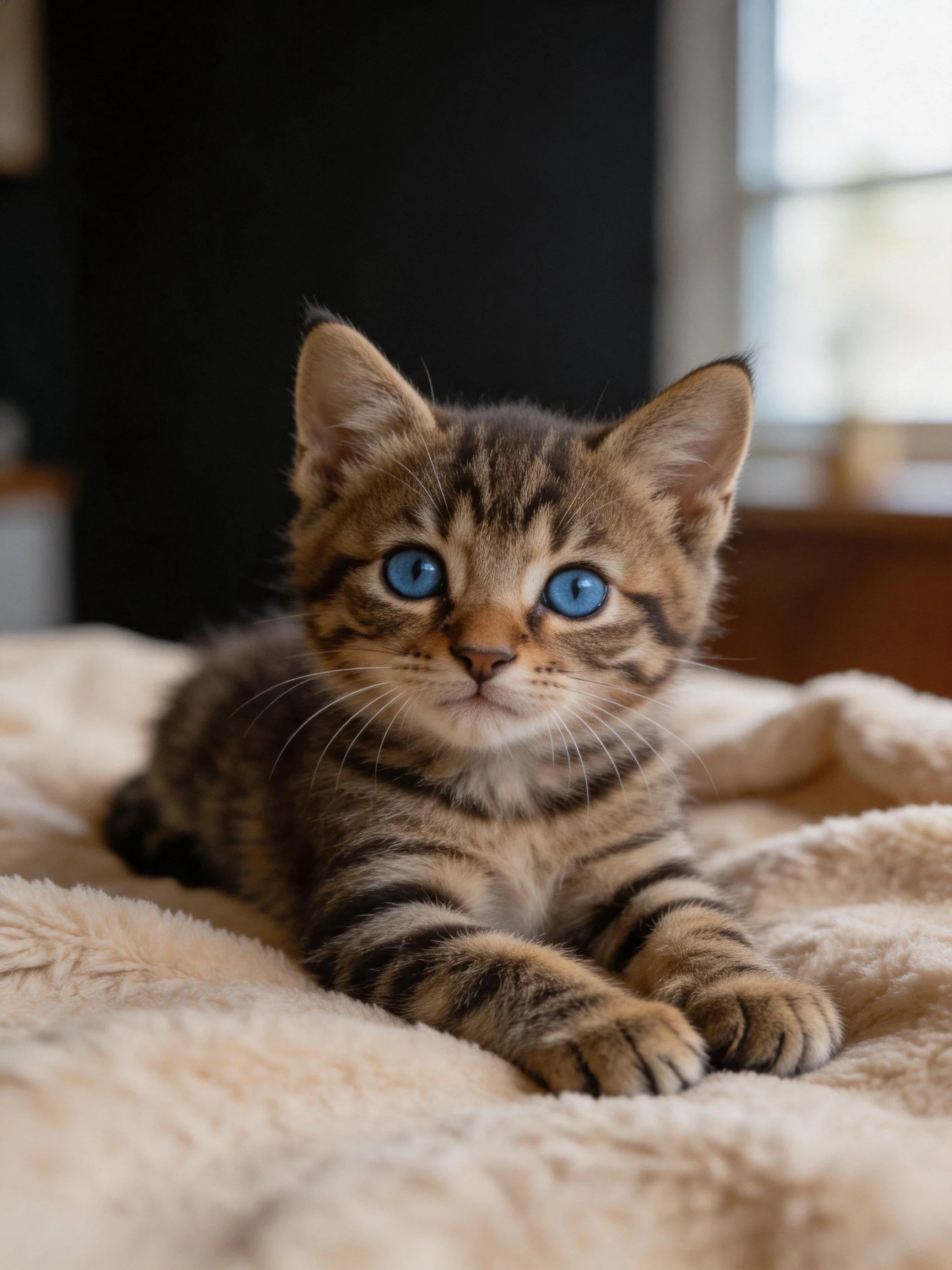 A small tabby kitten with bright blue eyes relaxes on a cozy indoor blanket.