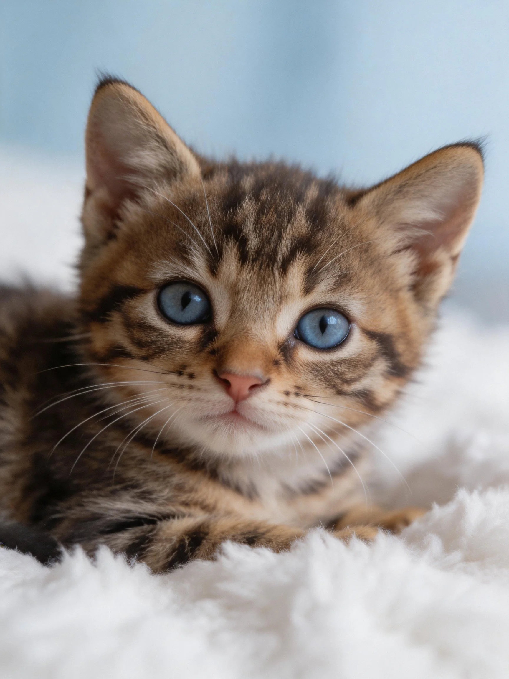 A small tabby kitten with bright blue eyes lies on a soft white surface