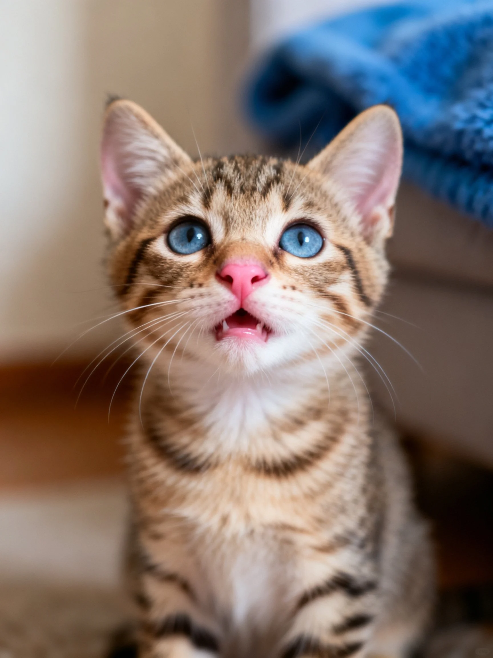 A small tabby kitten with bright blue eyes sits near a blue towel.