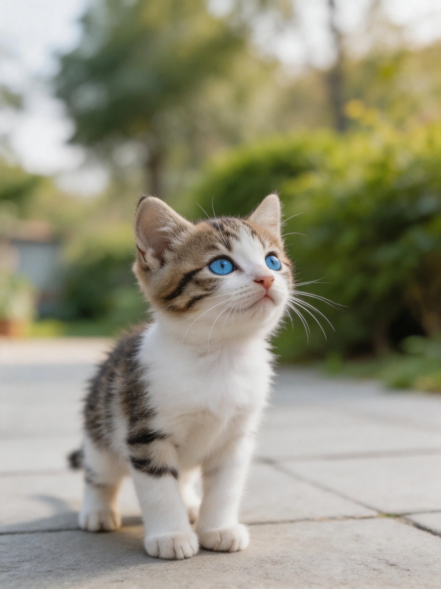 A small tabby kitten with bright blue eyes stands attentively on a paved area near greenery.