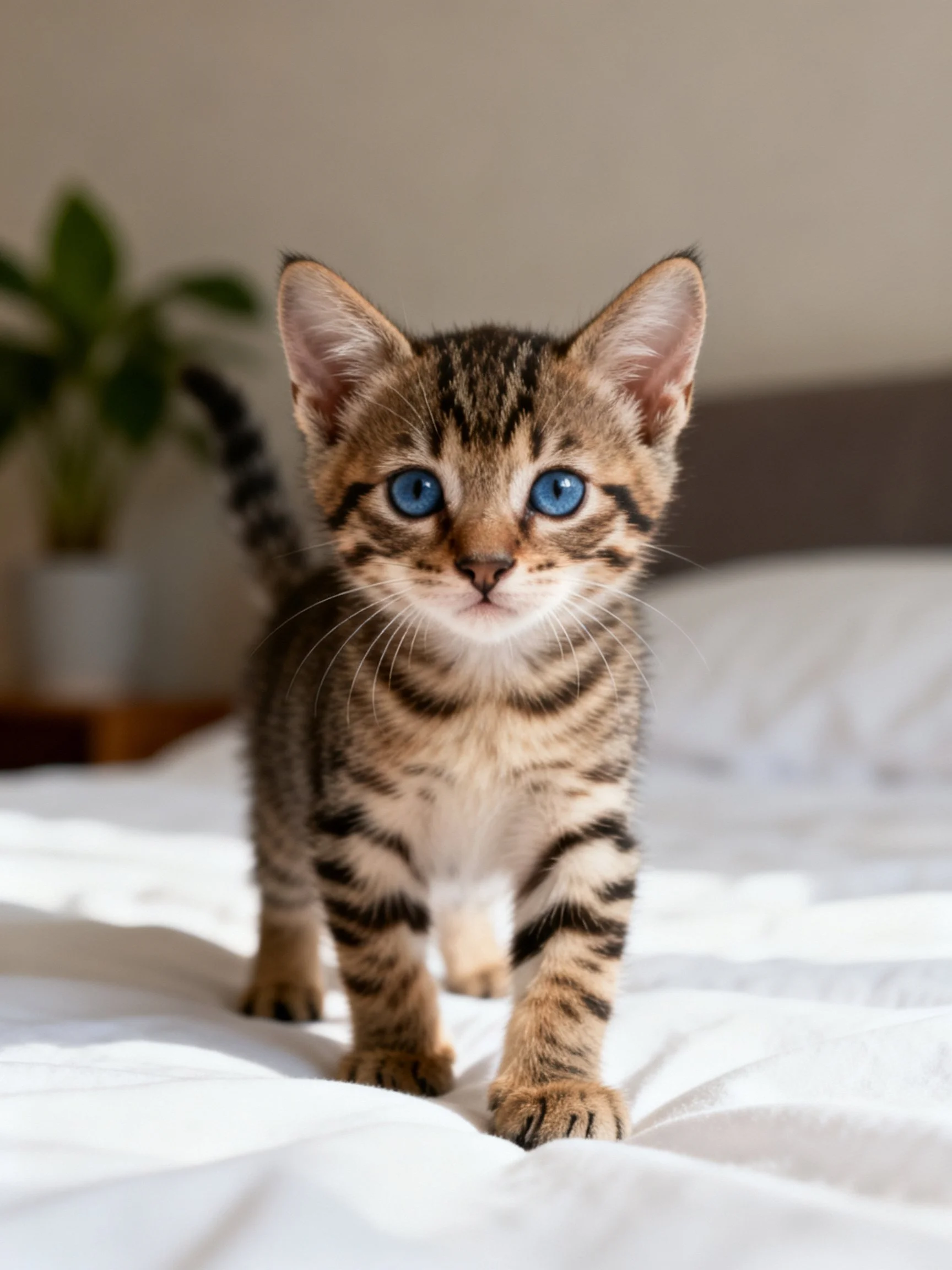A small tabby kitten with blue eyes walks on a white bed.