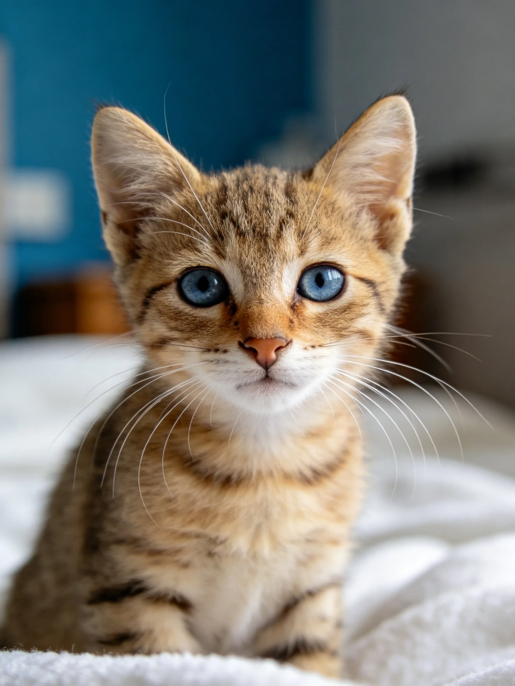A small tabby kitten with bright blue eyes sits on a white fabric.