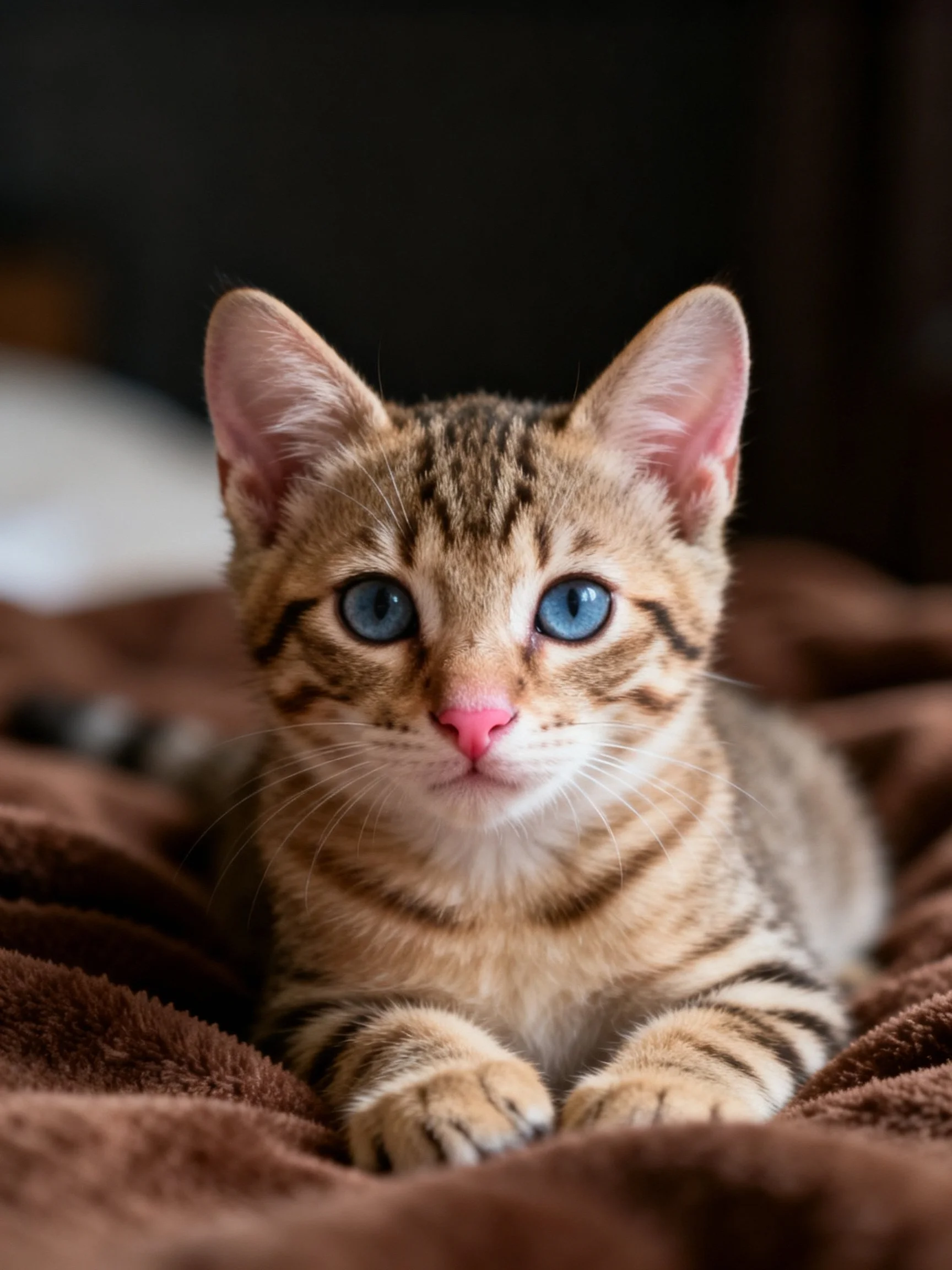A small tabby kitten rests comfortably on a soft brown blanket.