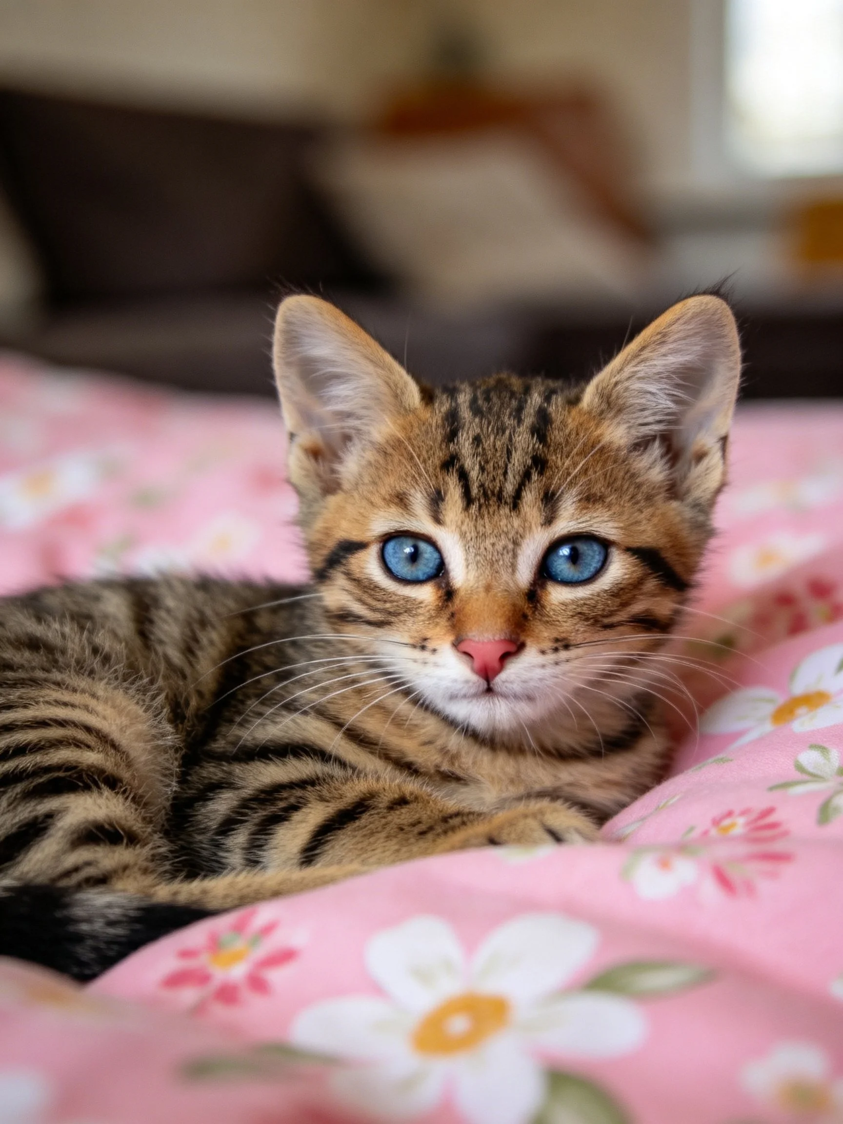A small tabby kitten with blue eyes relaxes on a pink floral blanket.