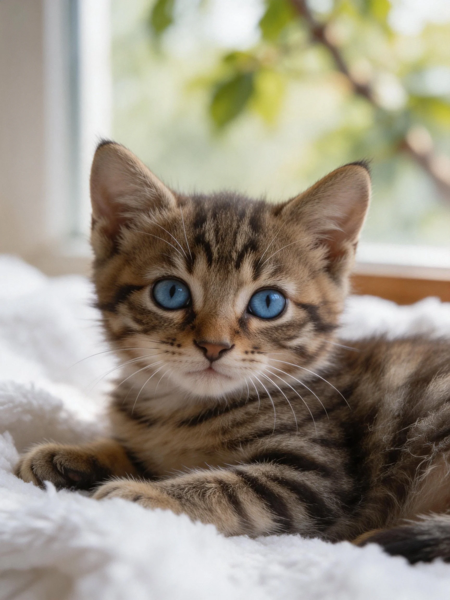 A small tabby kitten with bright blue eyes rests on a soft white blanket by a sunlit window.