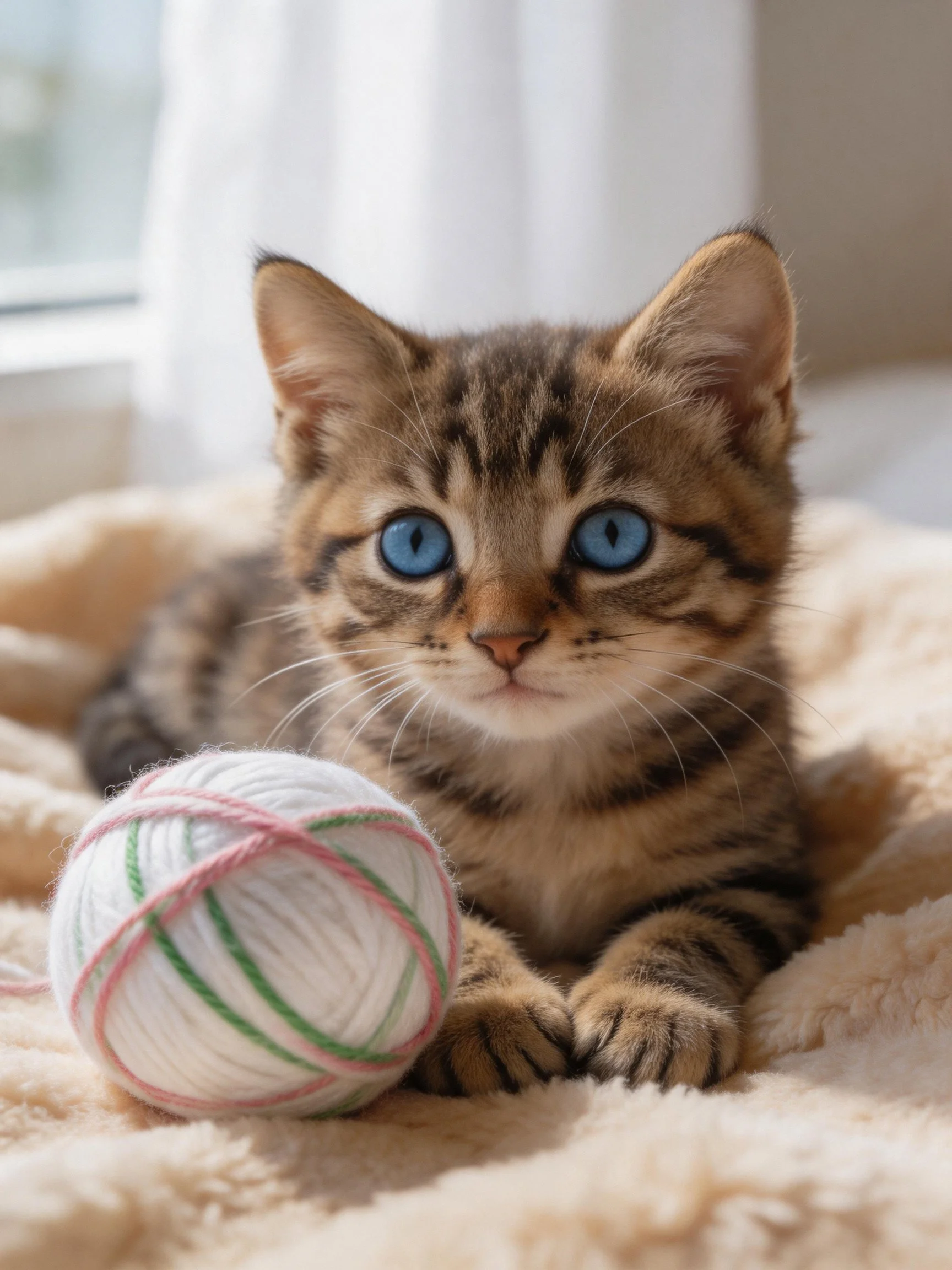 A small tabby kitten with bright blue eyes rests beside a multicolored yarn ball on a soft blanket.